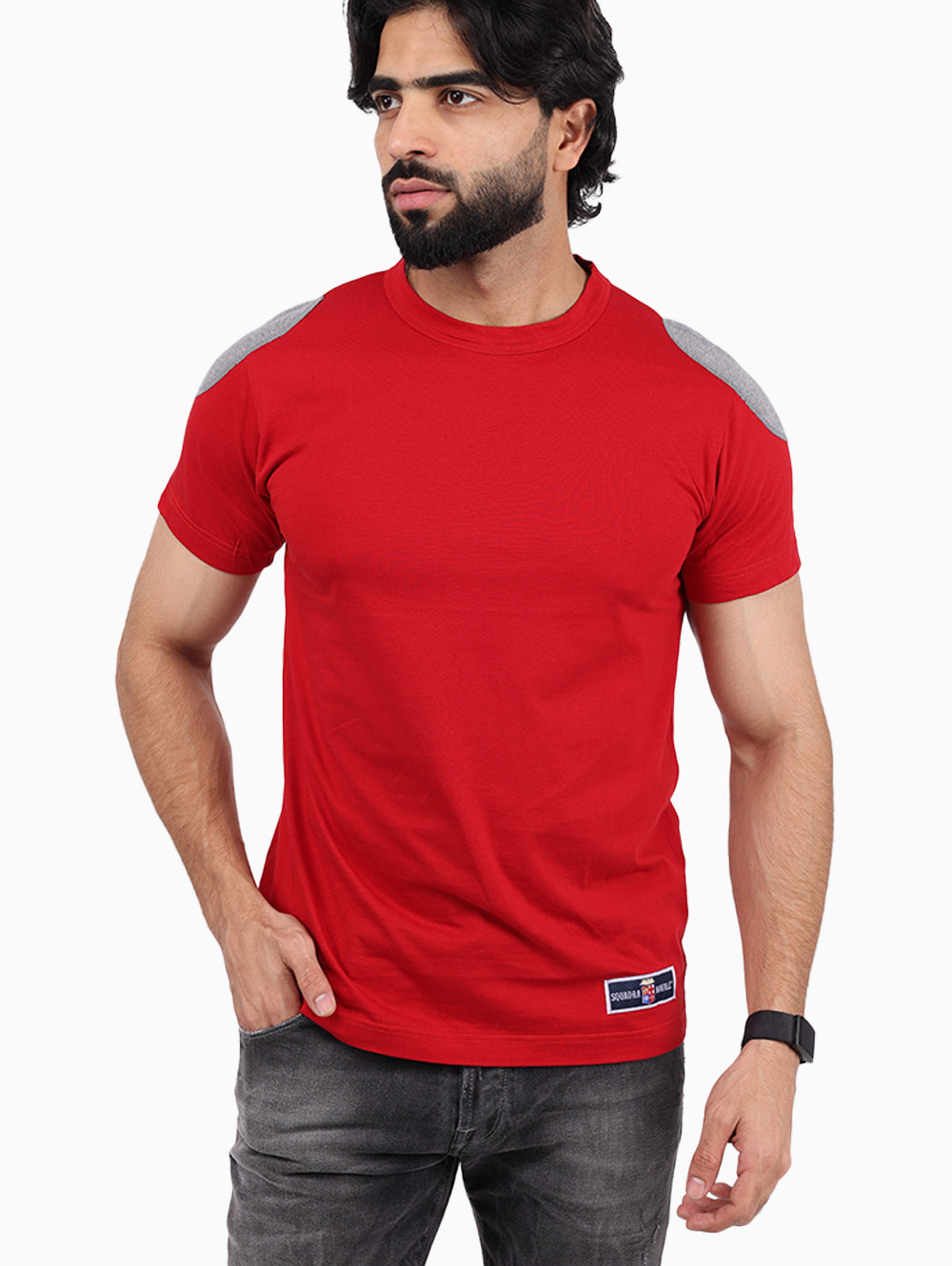 Model wearing Squadra Navale red T-shirt casual styling
