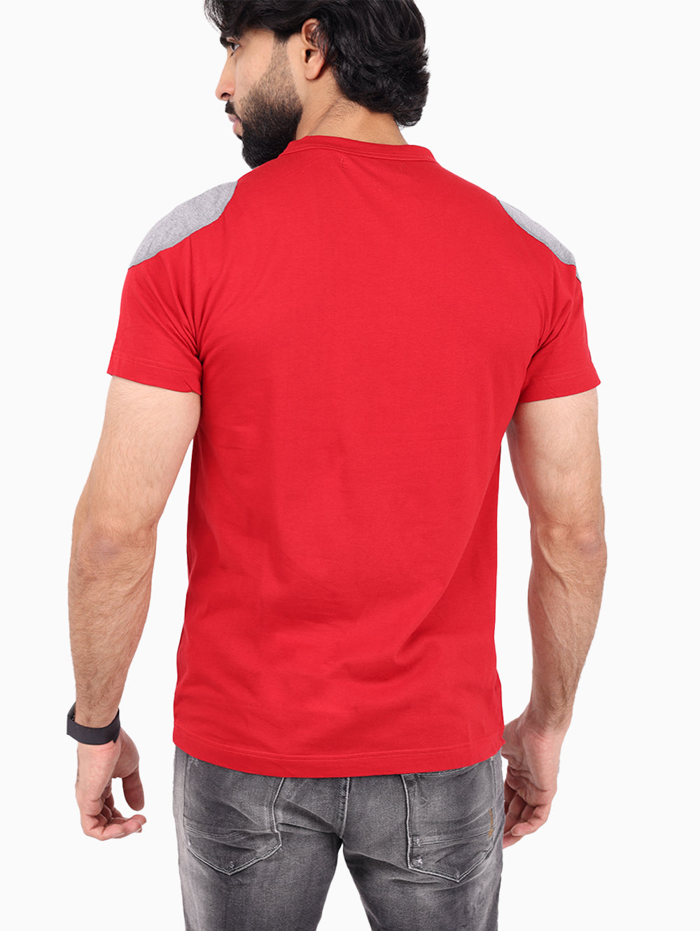 Back view of Squadra Navale red T-shirt on model
