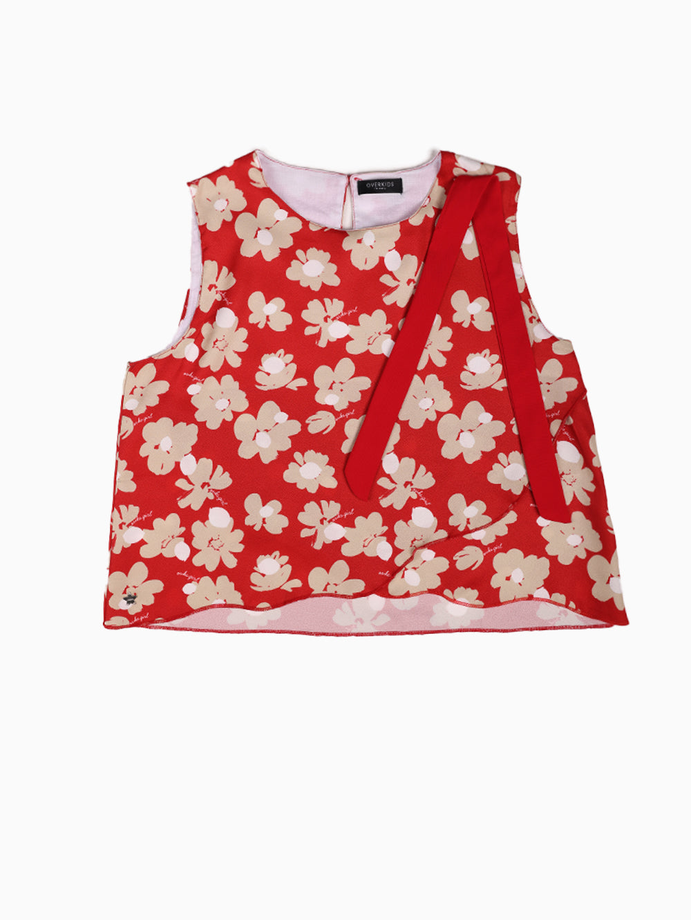 Front view of Overkids red floral sleeveless top with bow detail.
