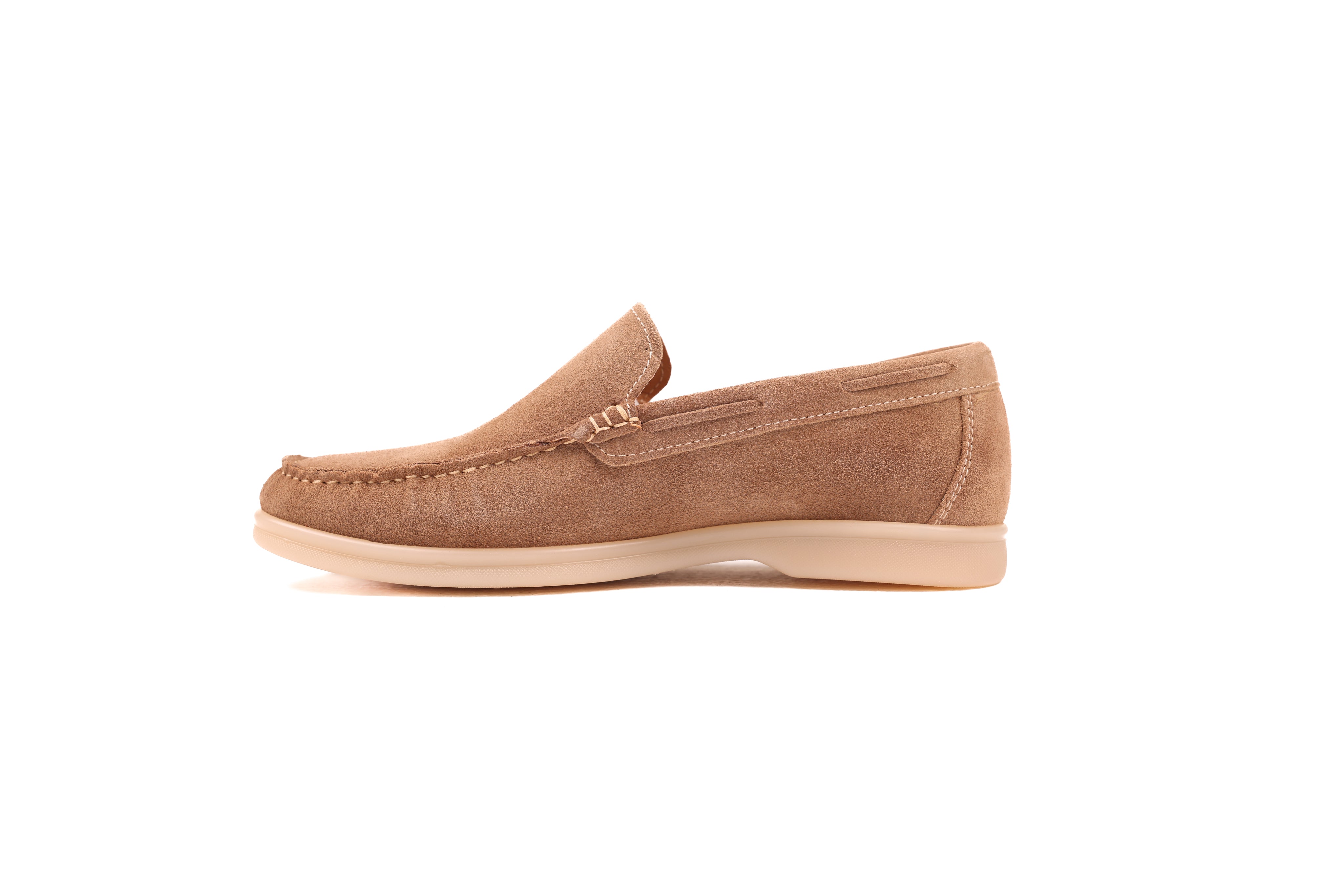 Men’s beige suede loafers side profile