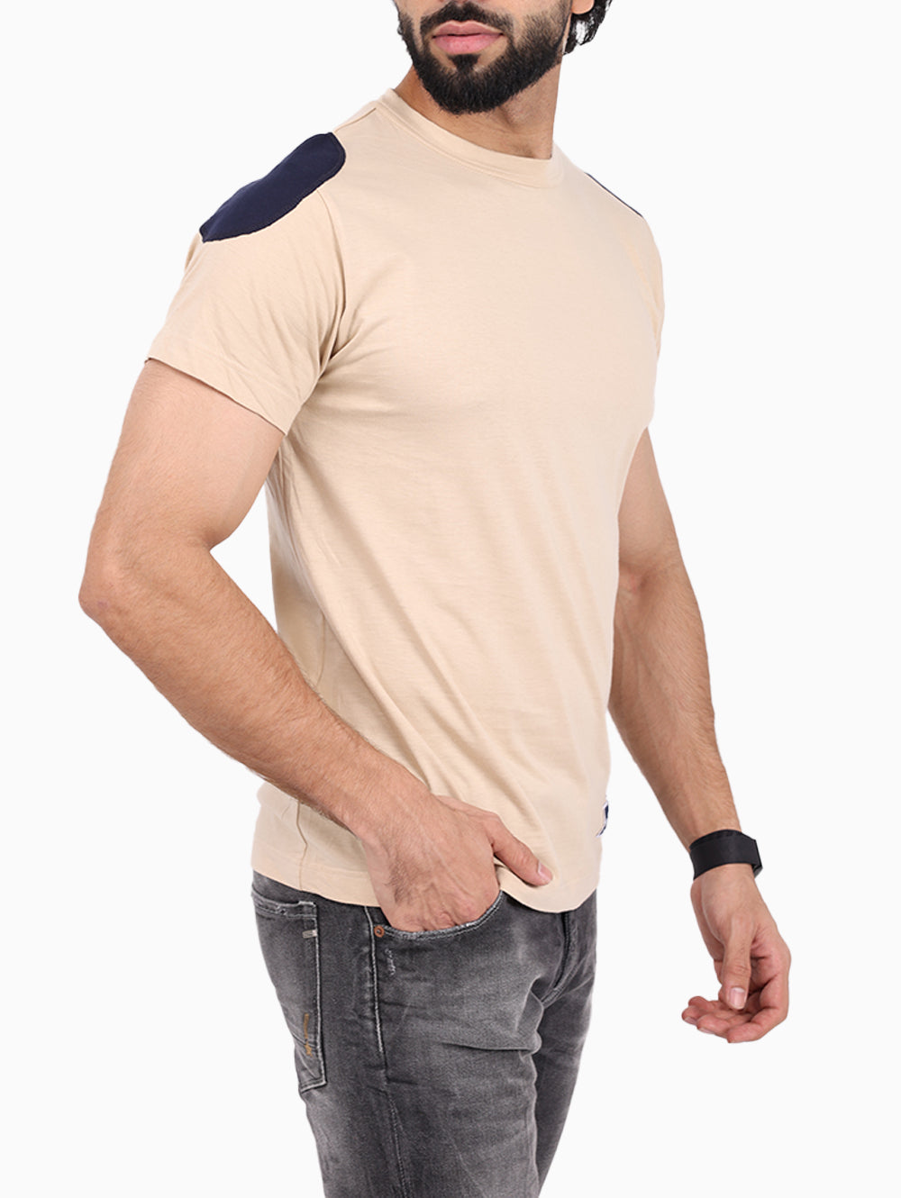 Squadra Navale Men’s Beige & Black Panel T-Shirt with Striped Sleeves