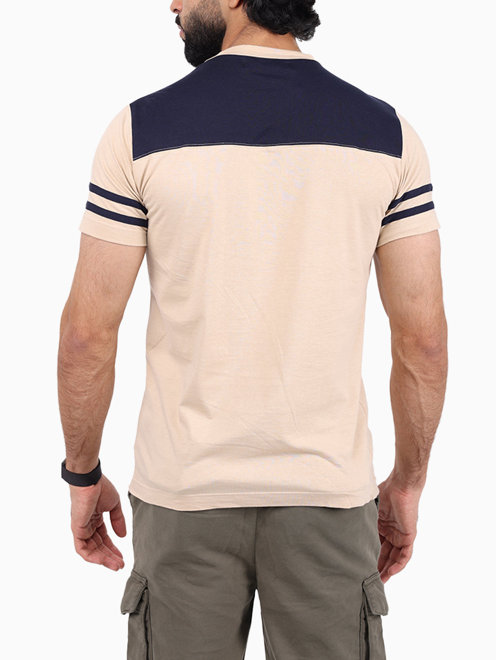 Model wearing Squadra Navale beige & navy cotton short sleeve T-shirt – back view