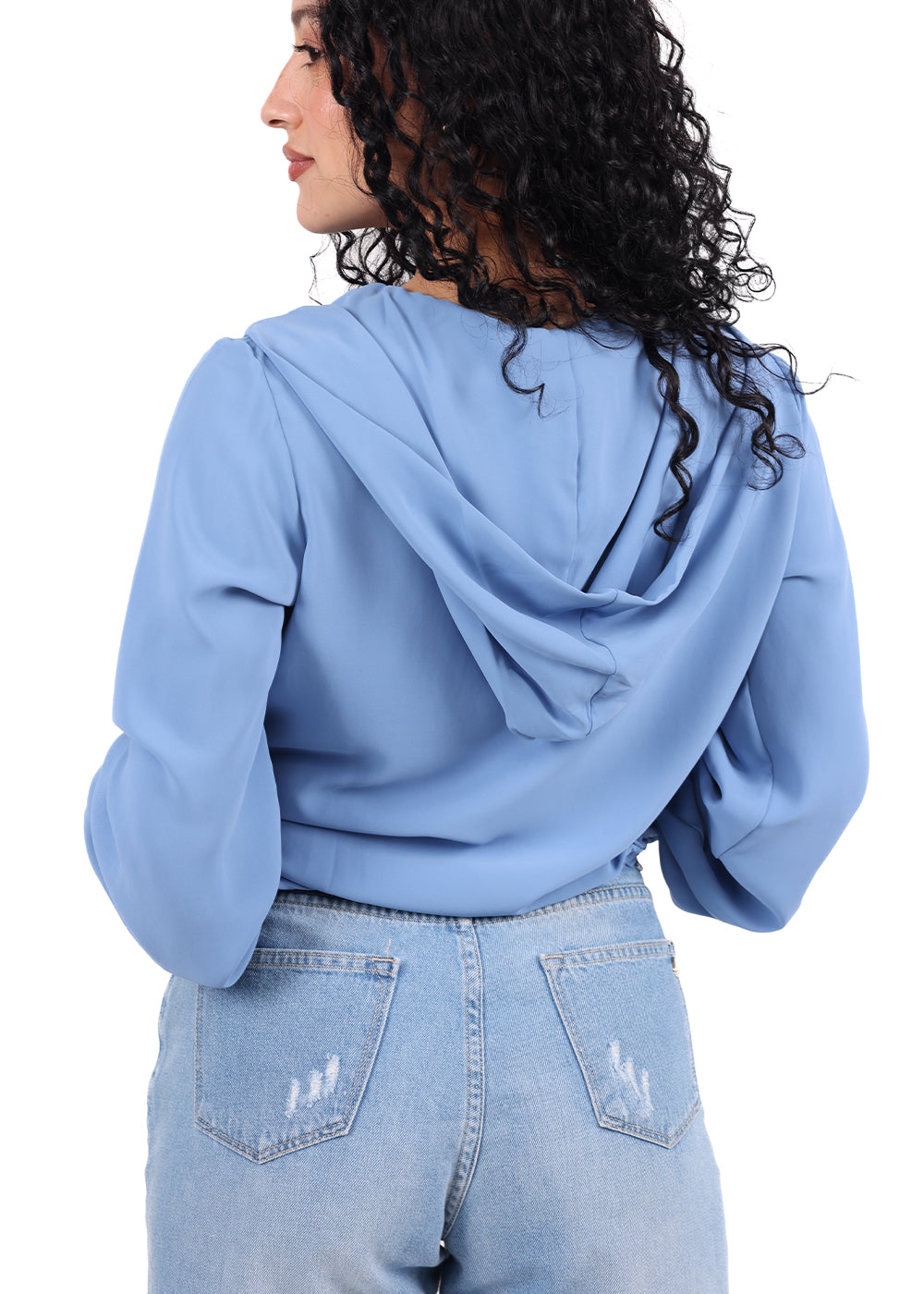 Siste’s blue blouse with hood – back view