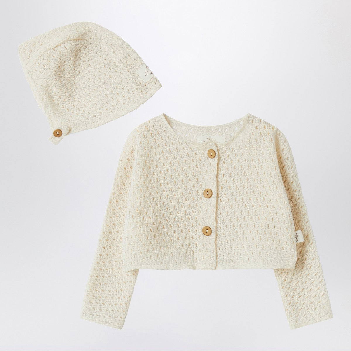 Teddy & Minou Teddy & Minou Cream-colored cardigan and hat in openwork knit