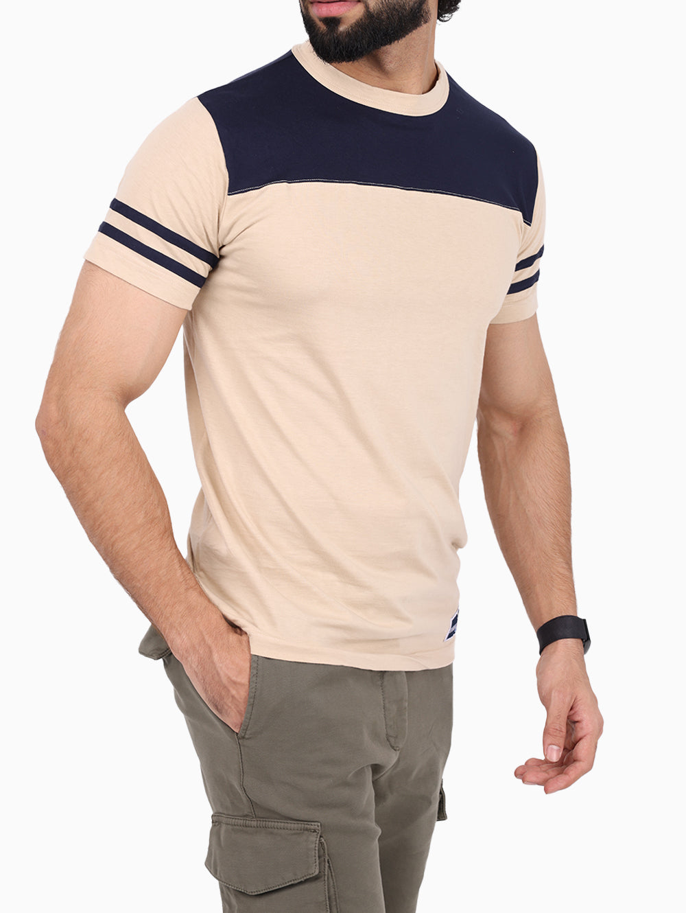 Side view of Squadra Navale men’s beige & navy cotton T-shirt