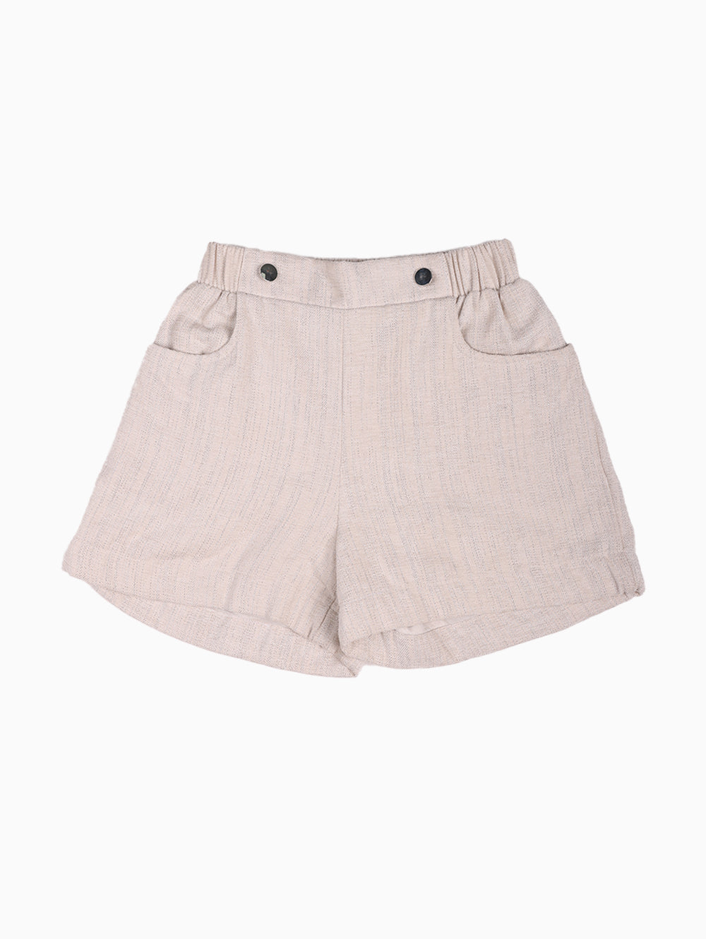 Front view of Overkids beige linen shorts for girls with buttons and side pockets.