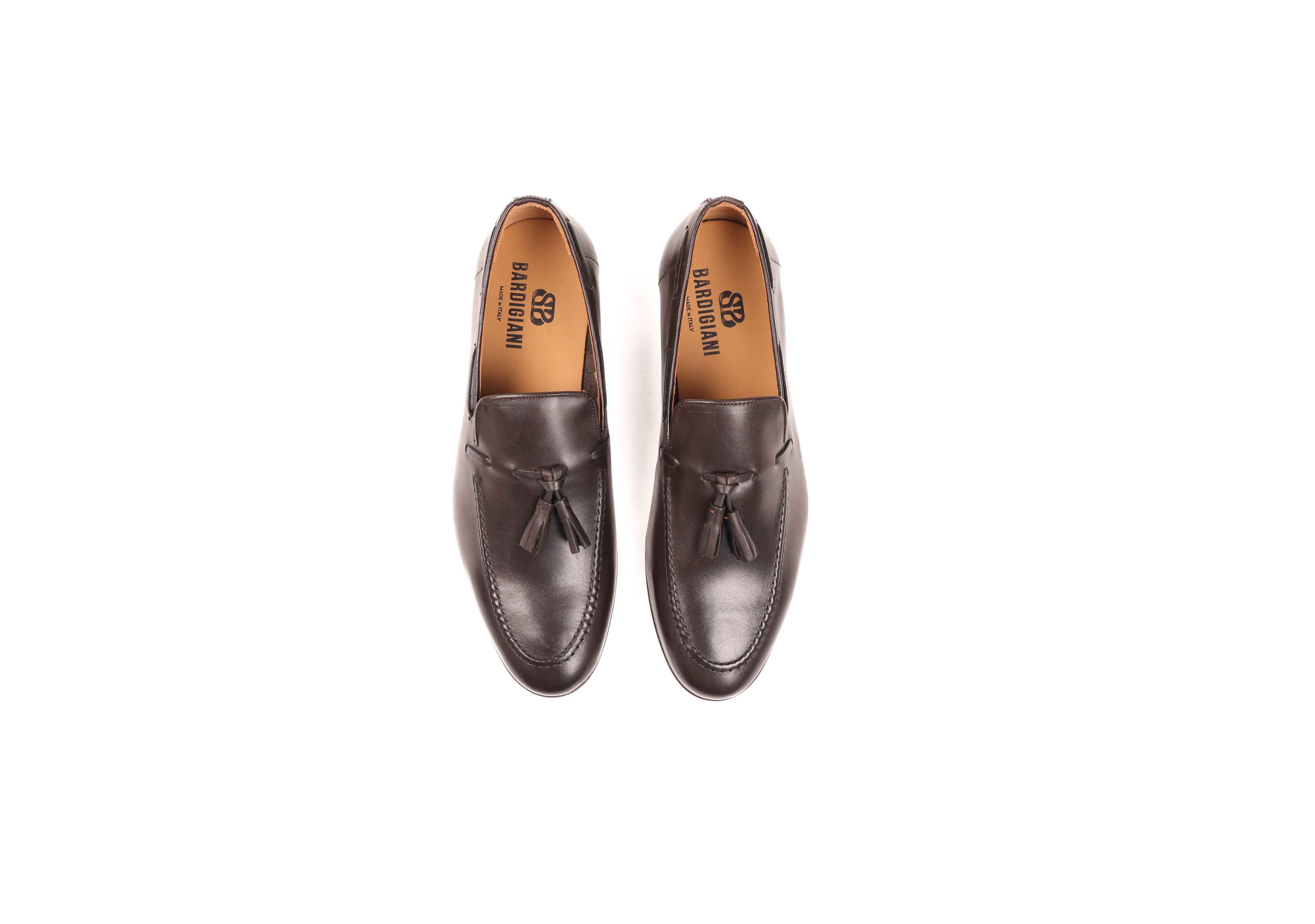 Bardigiani dark brown leather tassel loafers top view