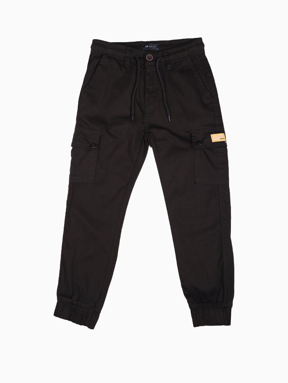 Front view of Overkids black cargo pants for boys with drawstring waist and side pockets.