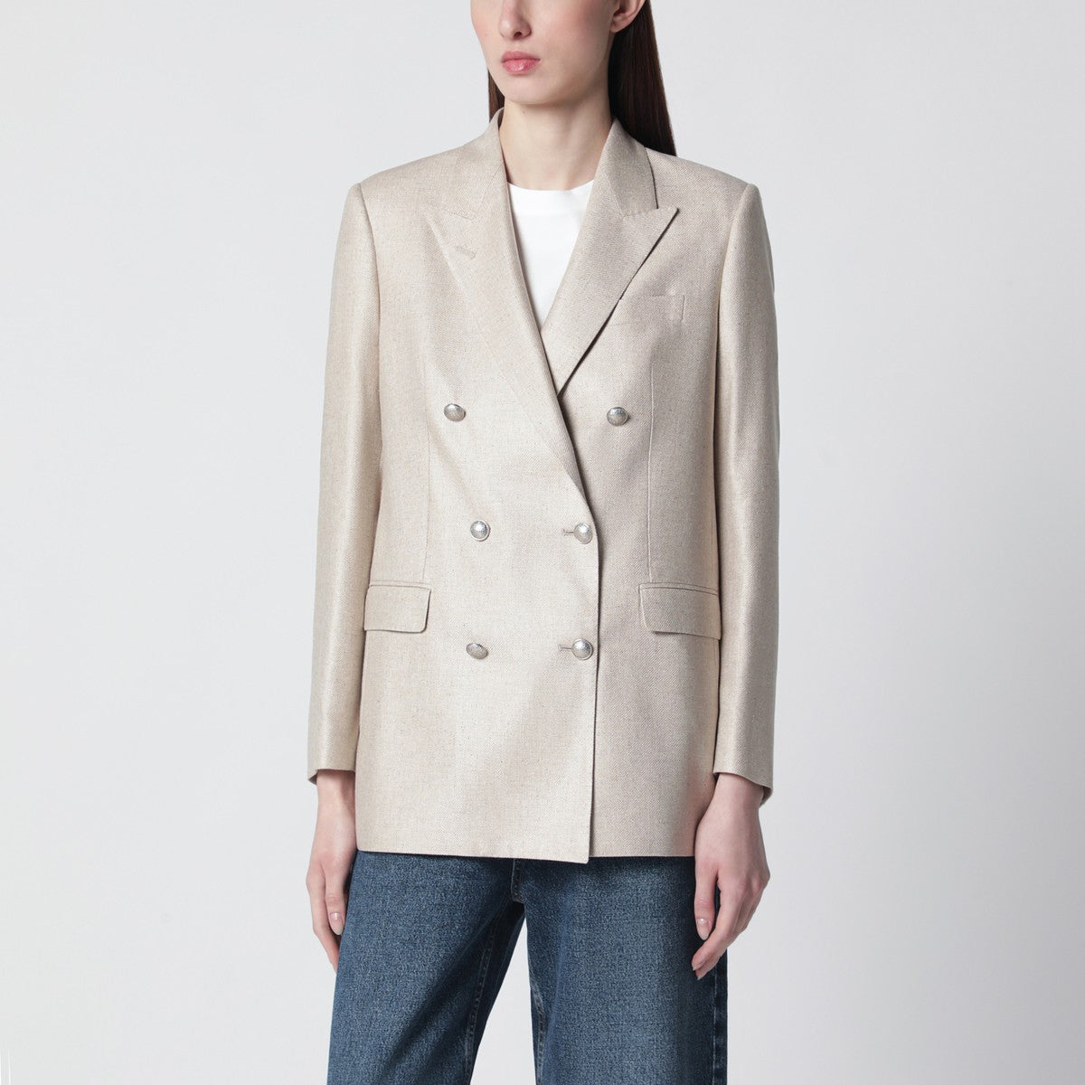 Tagliatore Beige silk double-breasted jacket