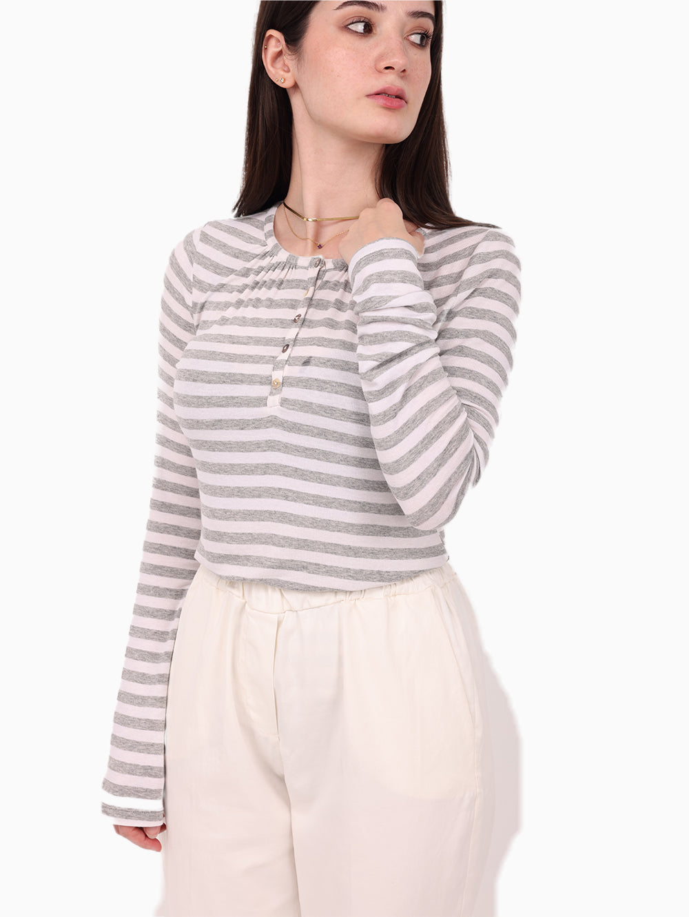Model wearing Sallure striped henley top grey-white – Luxe Marca