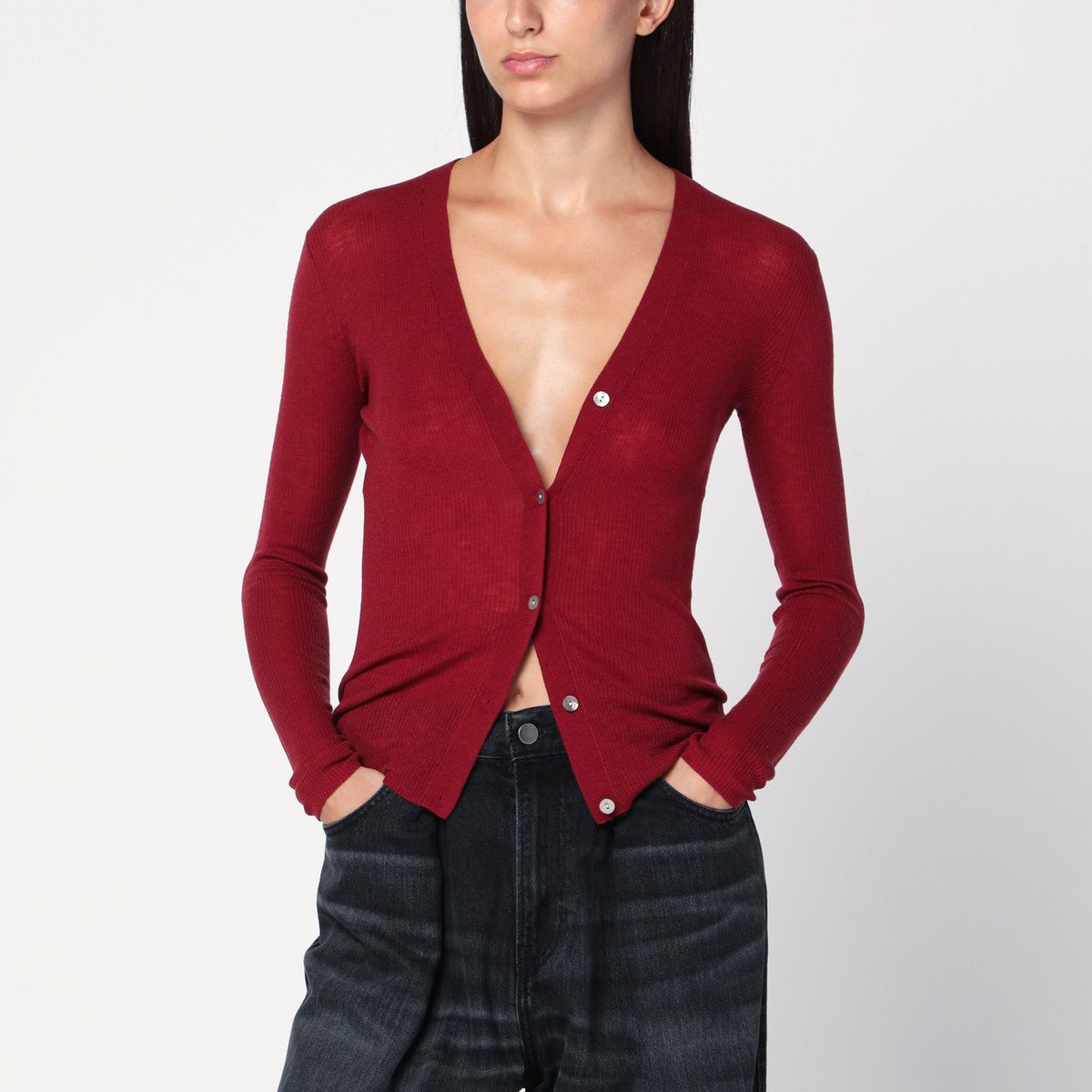 6397 6397 Bordeaux semi-sheer knit cardigan