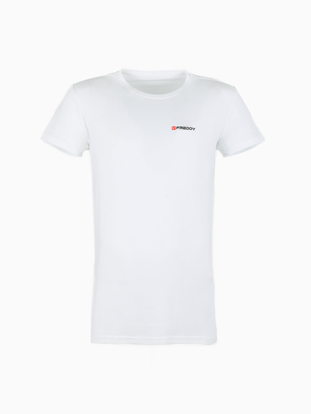 Front view of Freddy White T-Shirt with red logo
