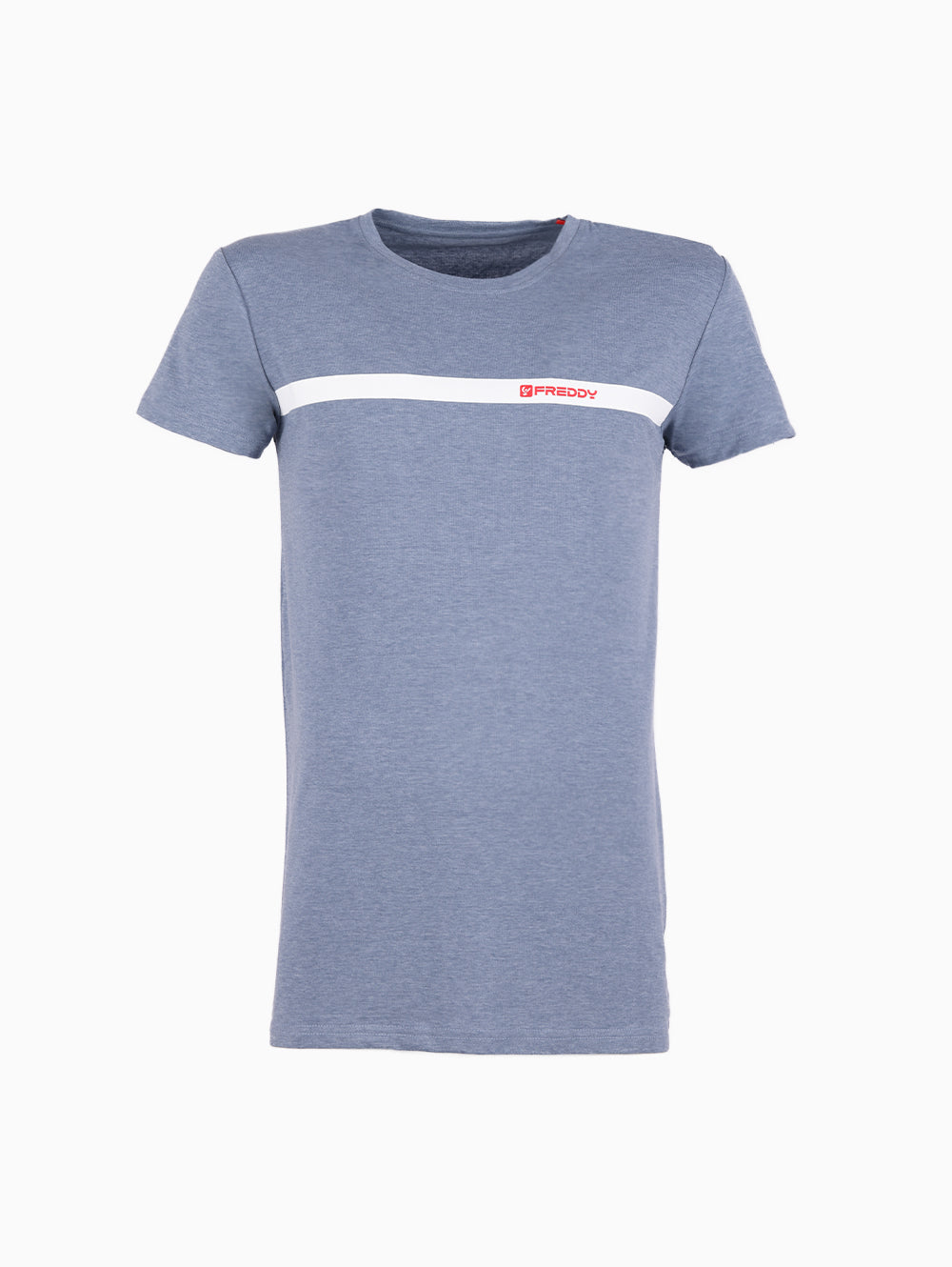 Front view of Freddy blue crew neck t-shirt with white stripe