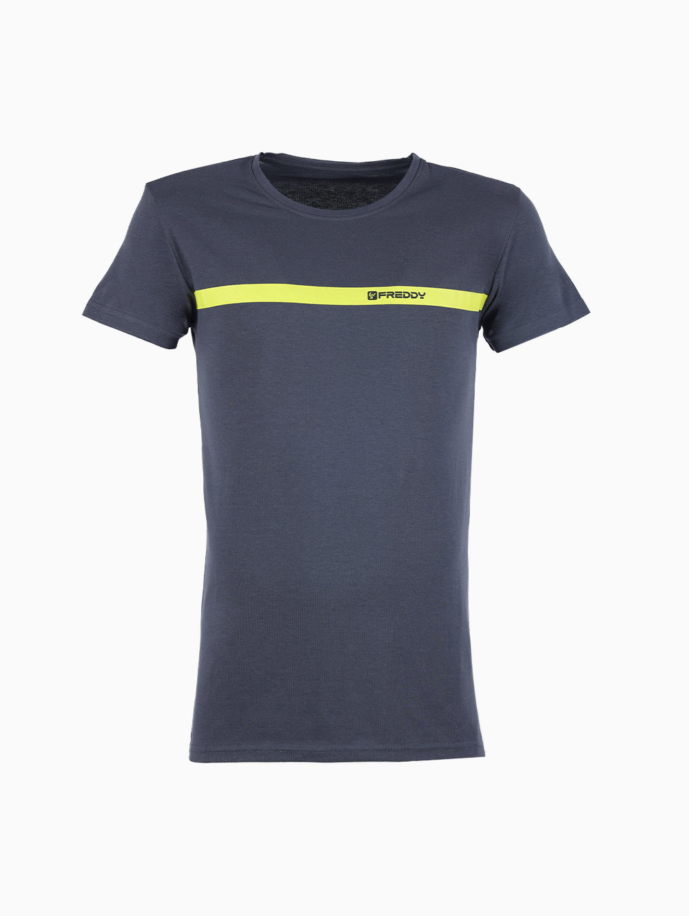 Front view of Freddy men’s midnight navy round neck t-shirt with fluorescent yellow stripe