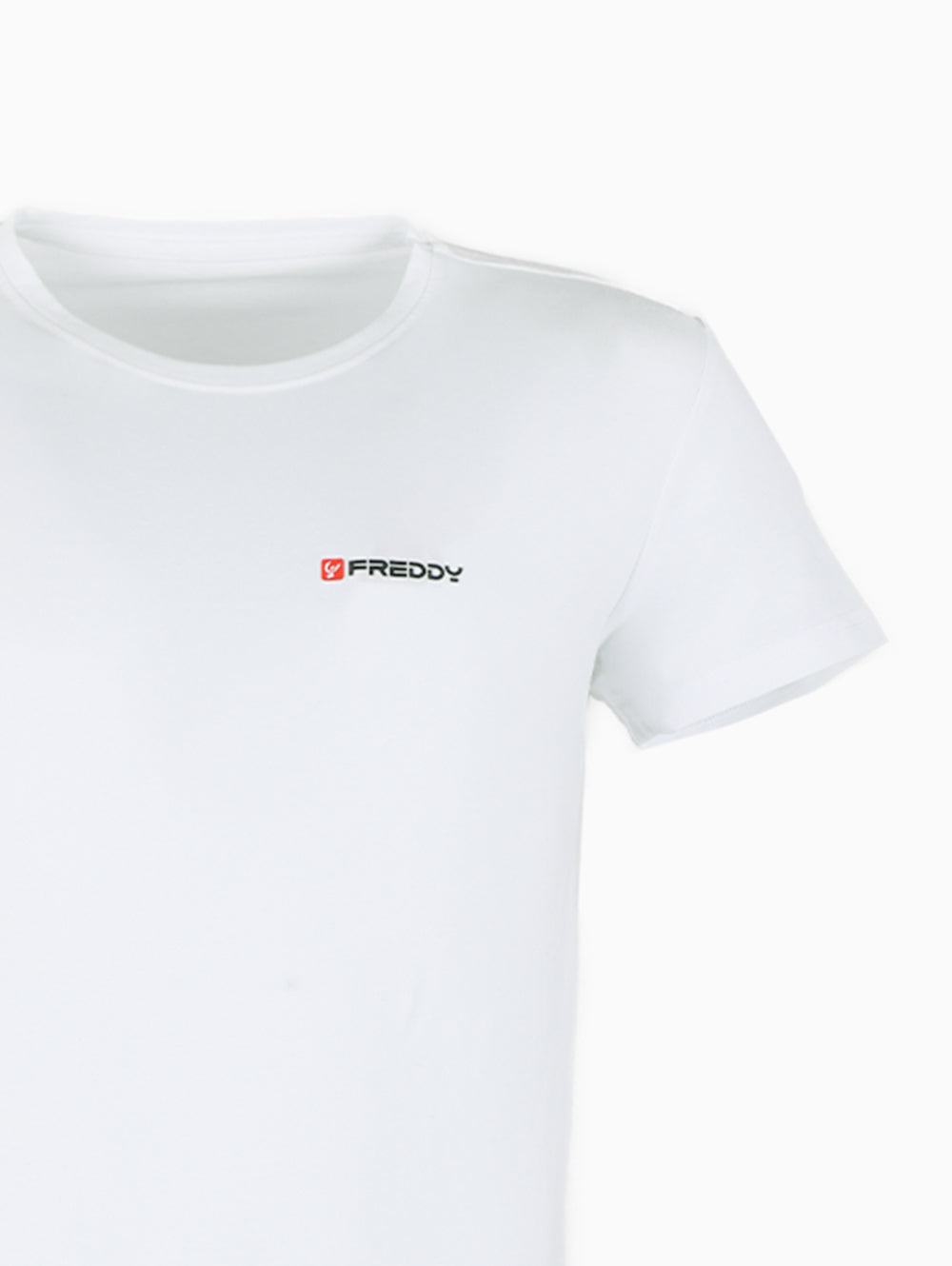 Close-up of Freddy red square logo on chest