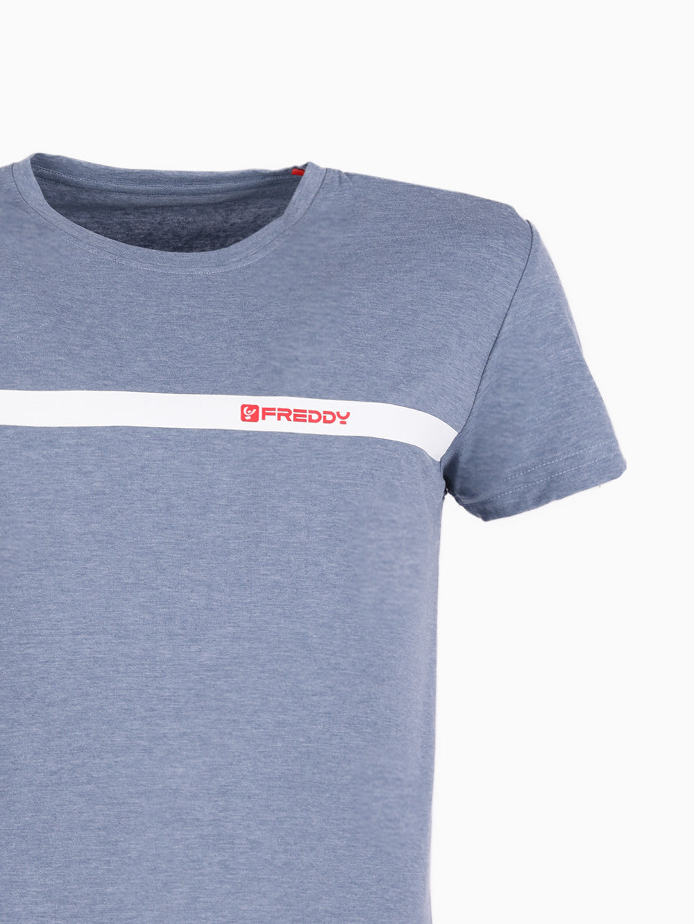 Close-up of Freddy logo and white stripe detail on blue t-shirt