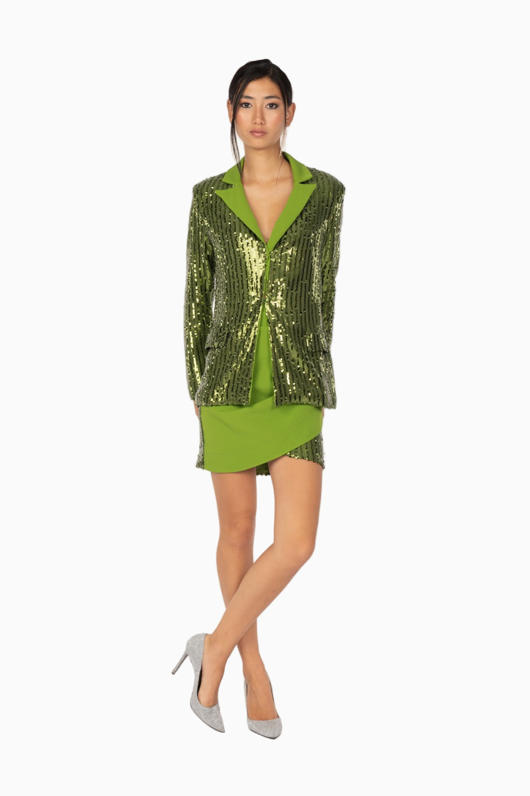 Siste’s green sequin blazer styled with matching skirt – Luxe Marca
