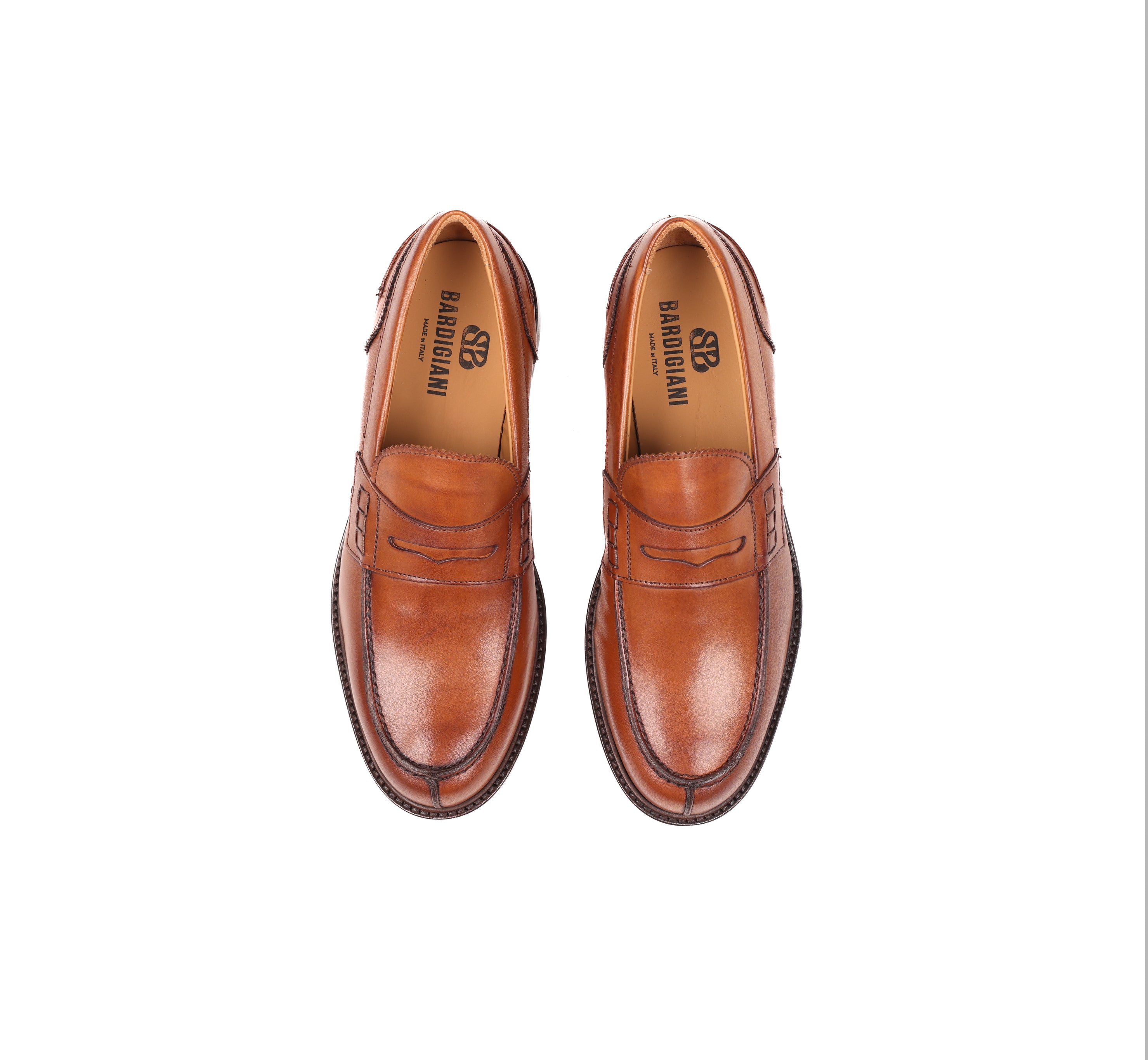 Bardigiani cognac leather penny loafers top view