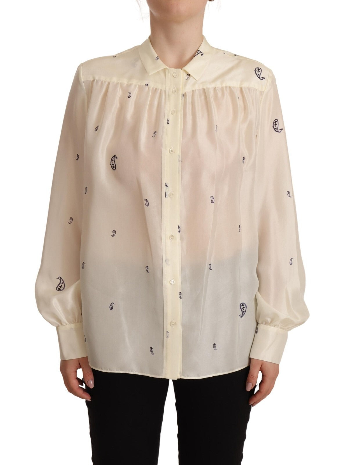 Aspesi Off White 100% Silk Long Sleeves Collared Top Blouse - Luxe Marca