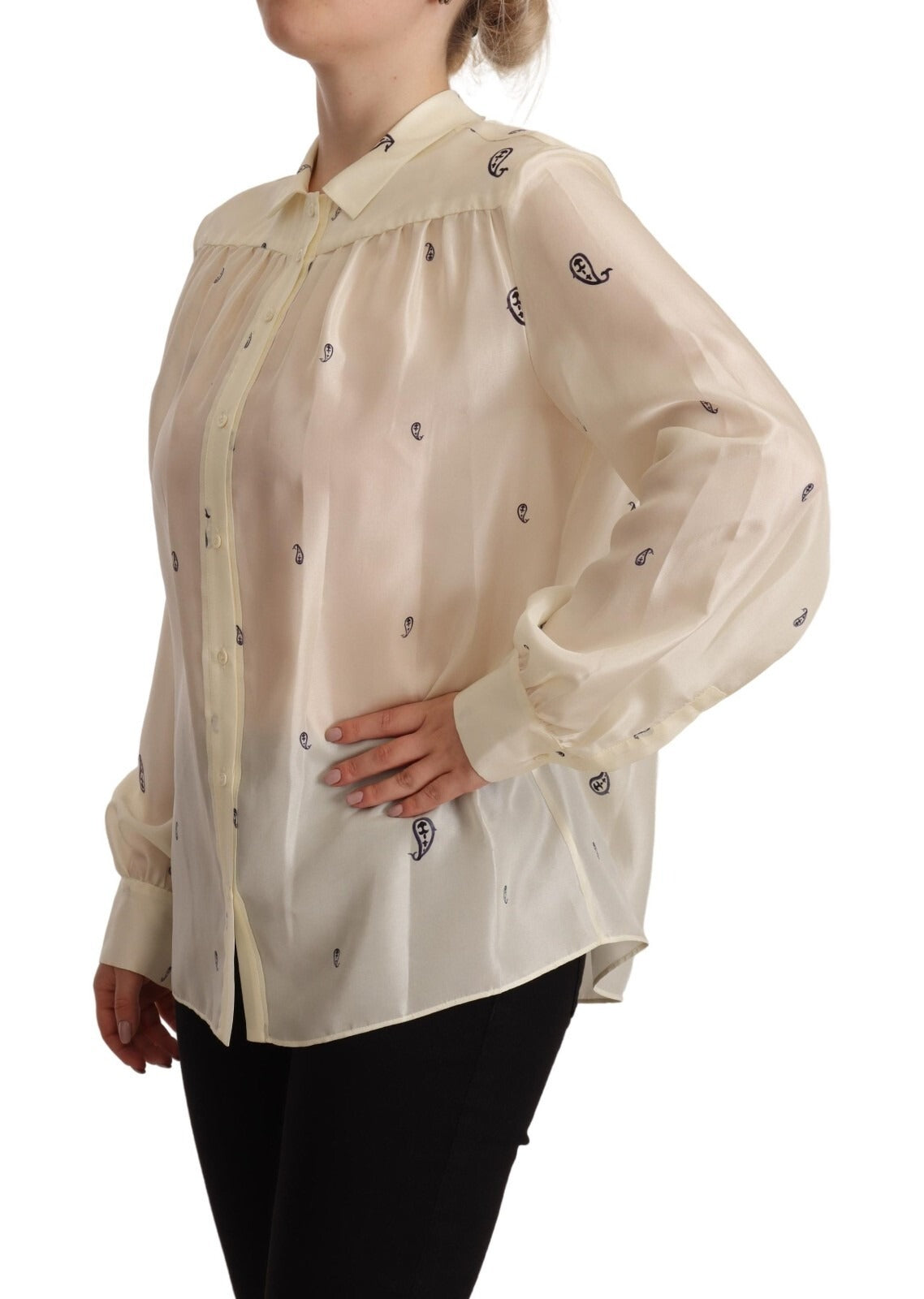 Aspesi Off White 100% Silk Long Sleeves Collared Top Blouse - Luxe Marca