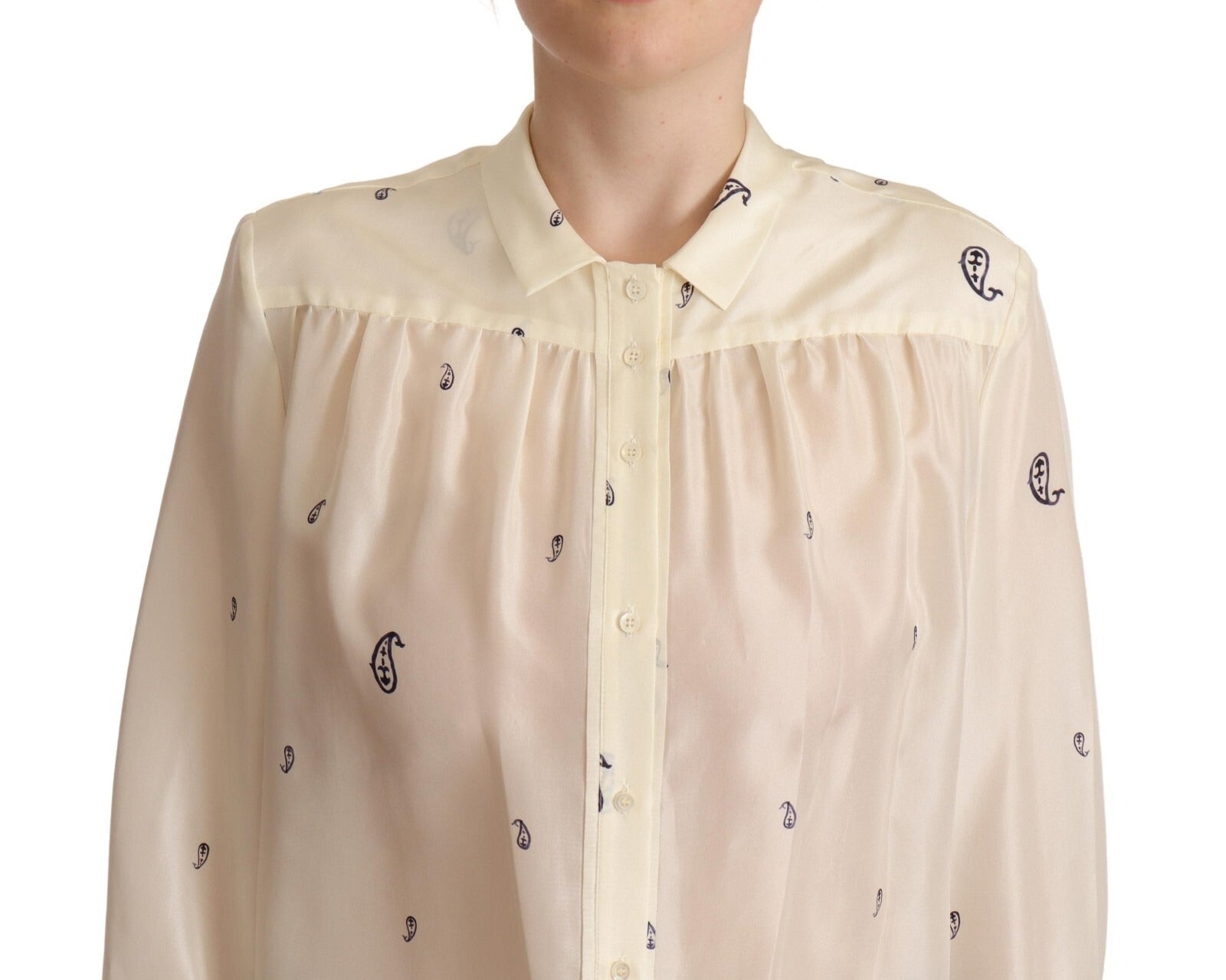 Aspesi Off White 100% Silk Long Sleeves Collared Top Blouse - Luxe Marca