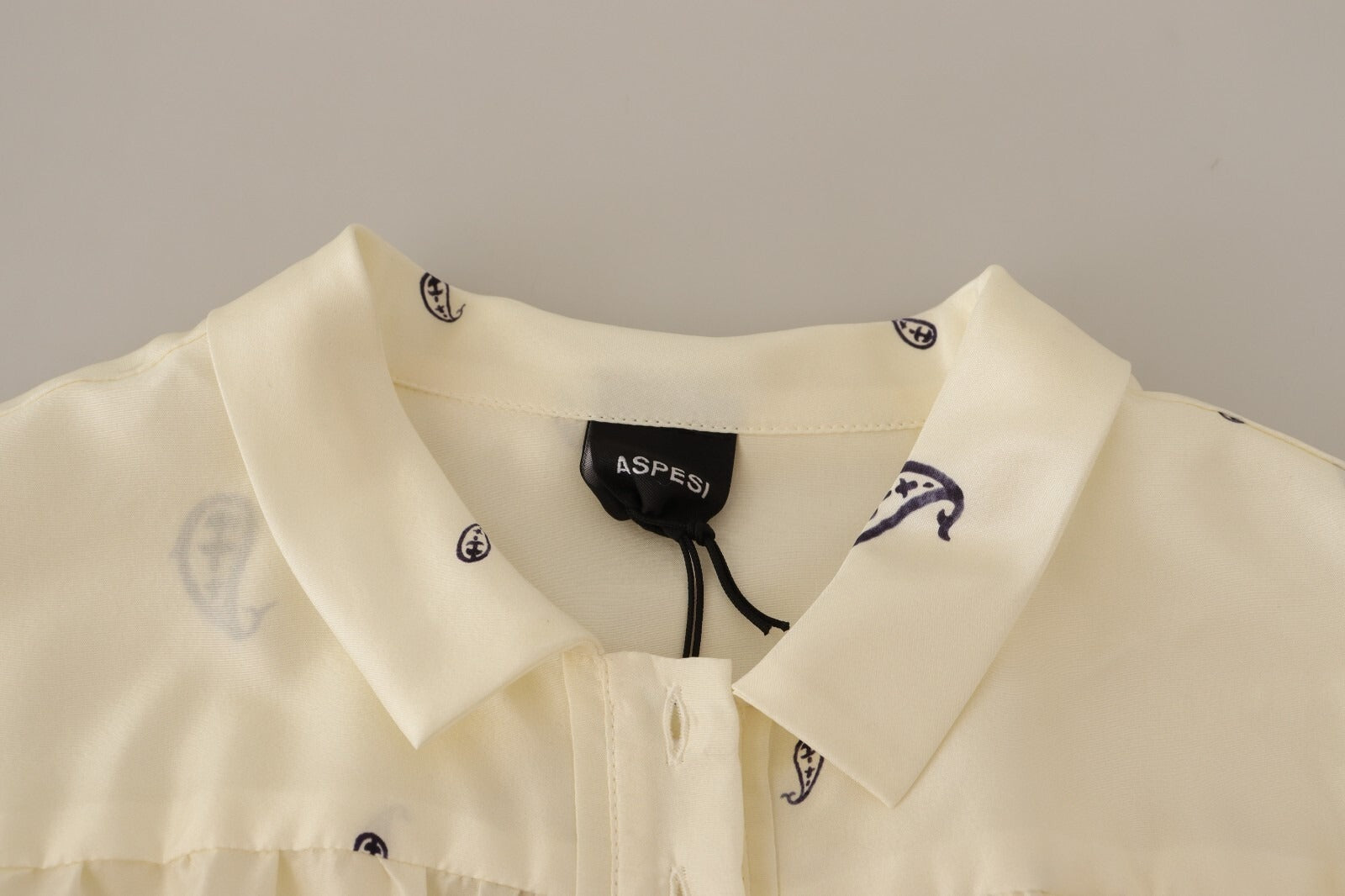 Aspesi Off White 100% Silk Long Sleeves Collared Top Blouse - Luxe Marca