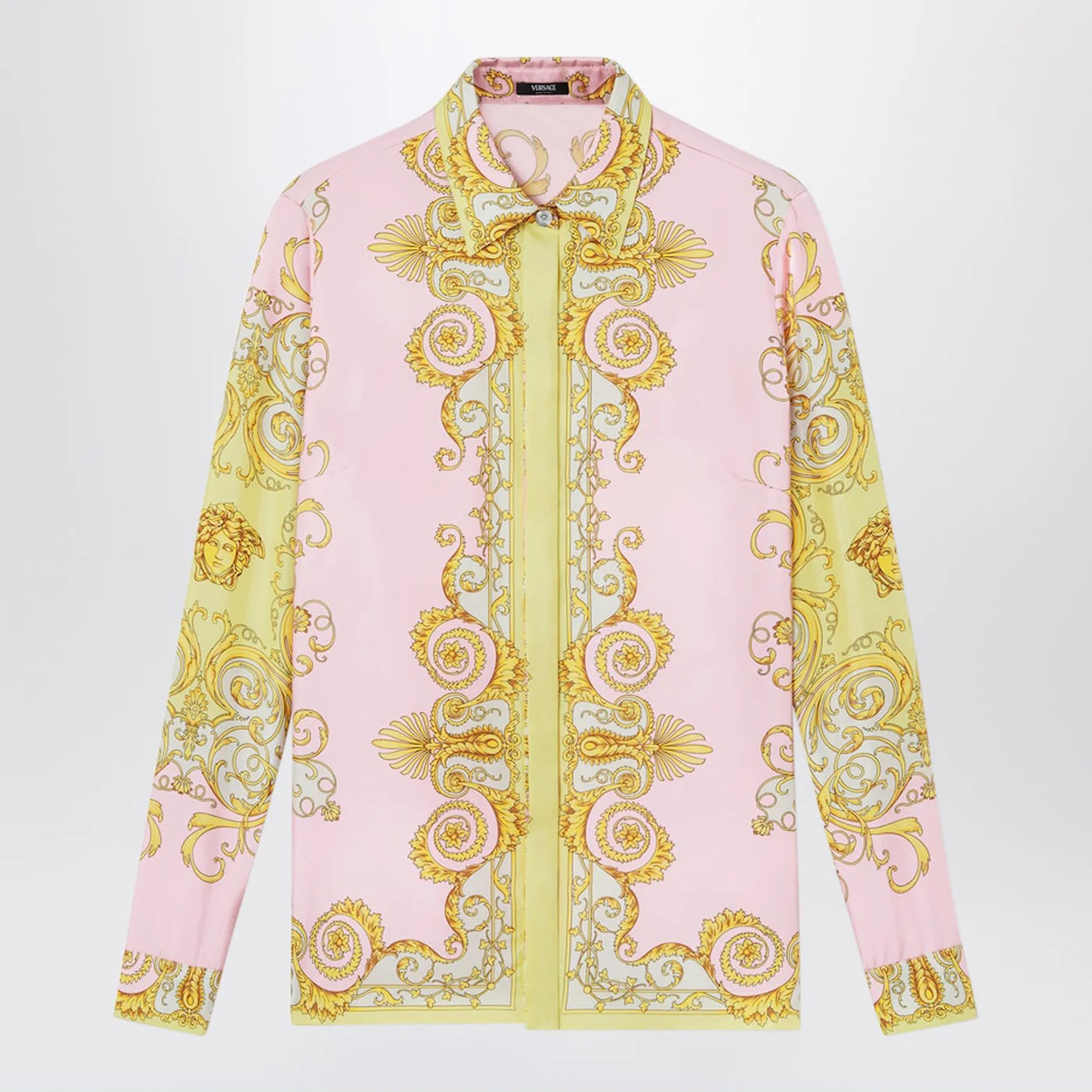Versace Printed silk twill shirt in yellow/pink