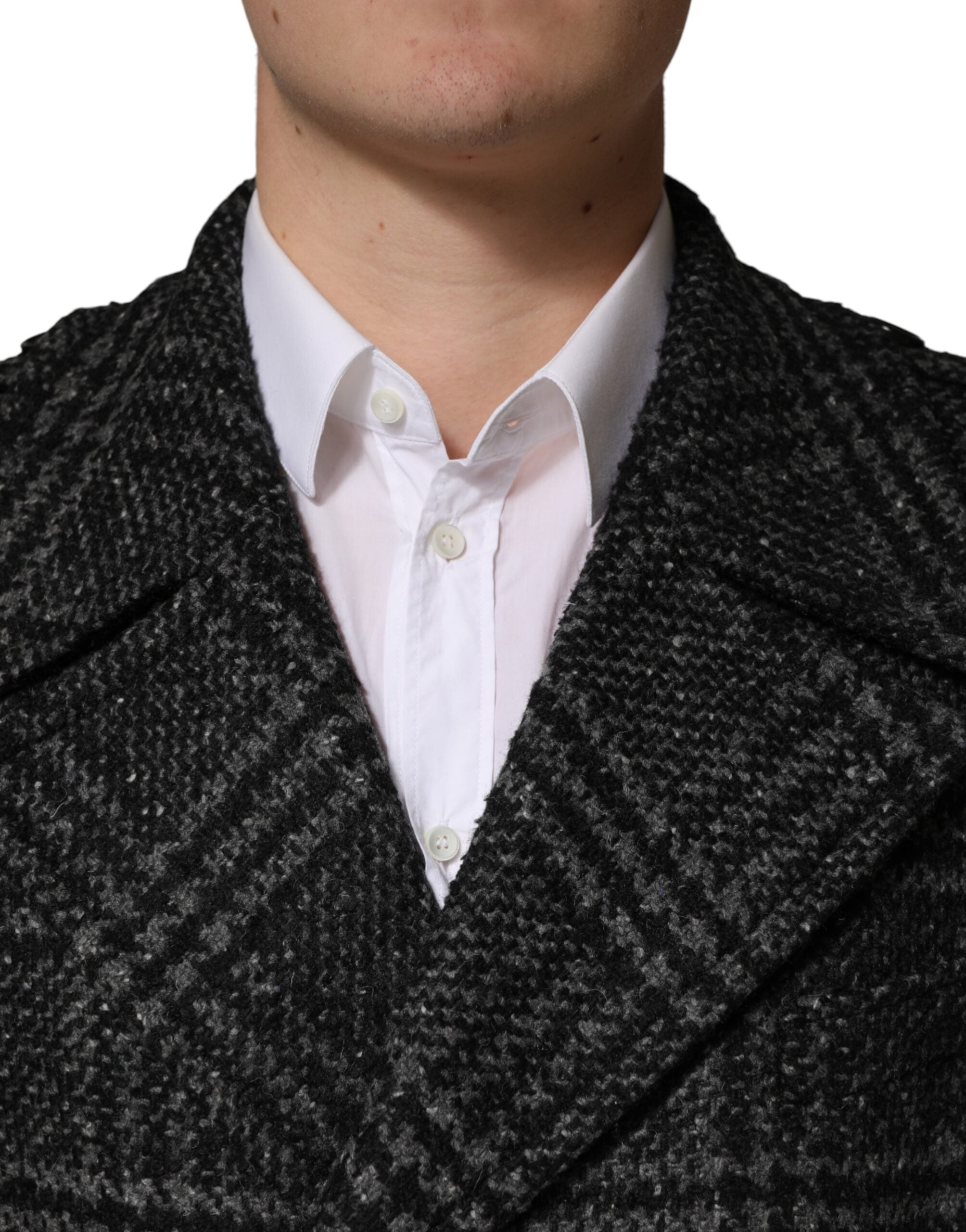Dolce & Gabbana Grey Double Breasted Plaid Wool Coat Jacket - Luxe Marca