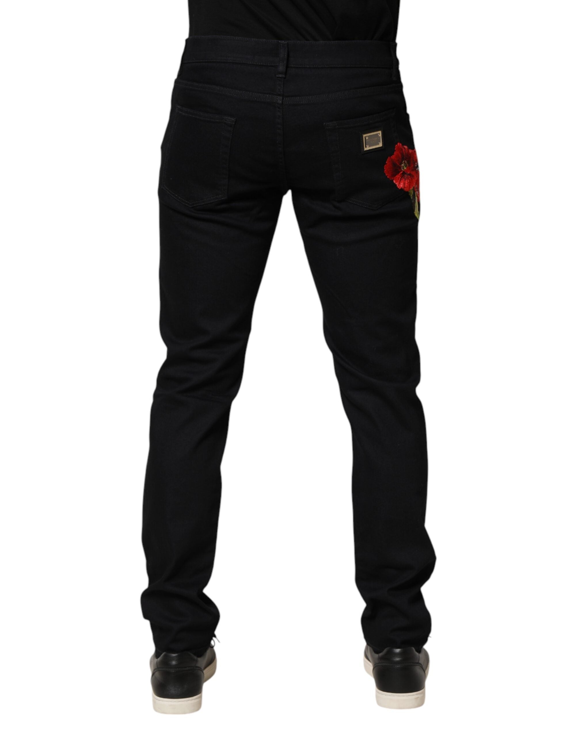 Dolce & Gabbana Black Floral Cotton Skinny Men Denim Jeans - Luxe Marca