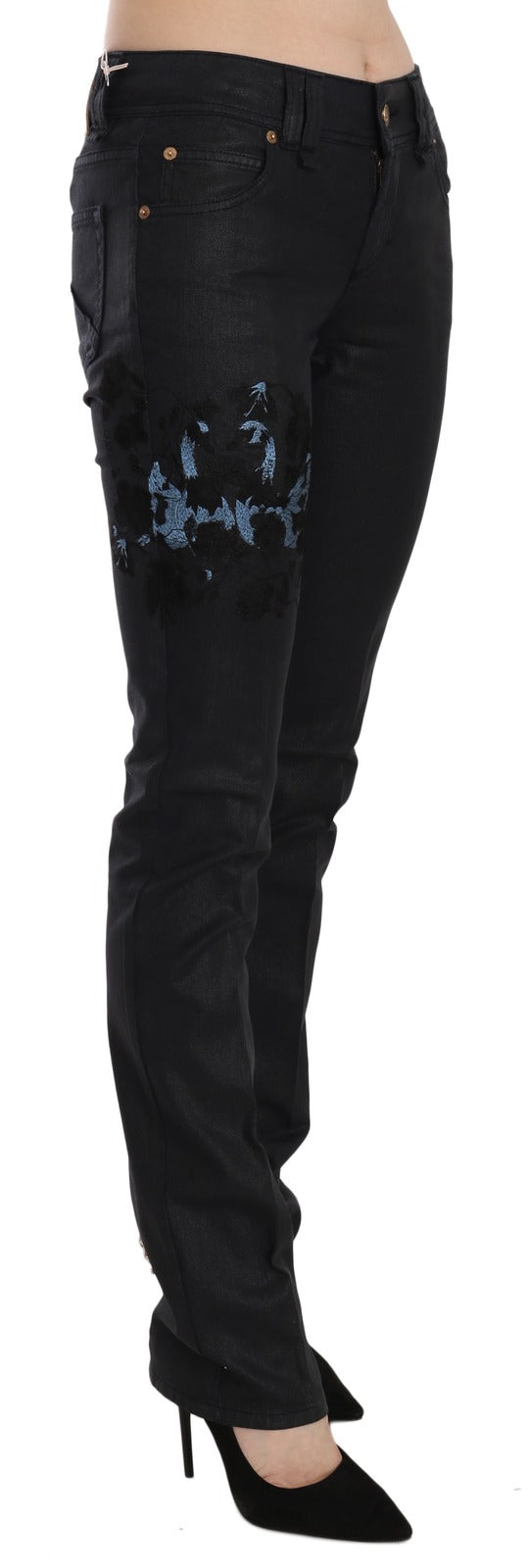 John Galliano Black Swan Floral Embroidered Mid Waist Skinny Denim Jeans - Luxe Marca