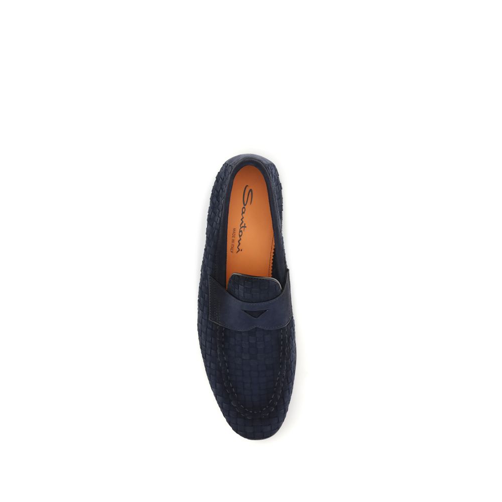 Santoni Blue Calf Leather Bos Taurus Slip-On Loafers