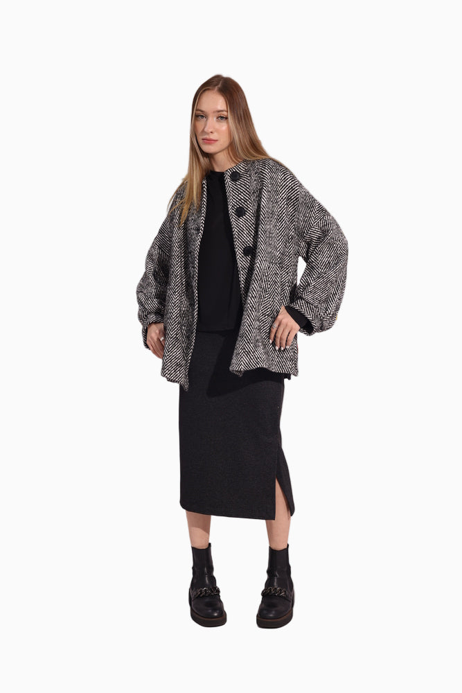 Siste’s Torn Coat – Black & White Oversized Herringbone Jacket