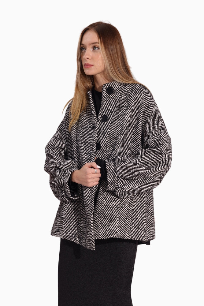 Siste’s Torn Coat – Black & White Oversized Herringbone Jacket
