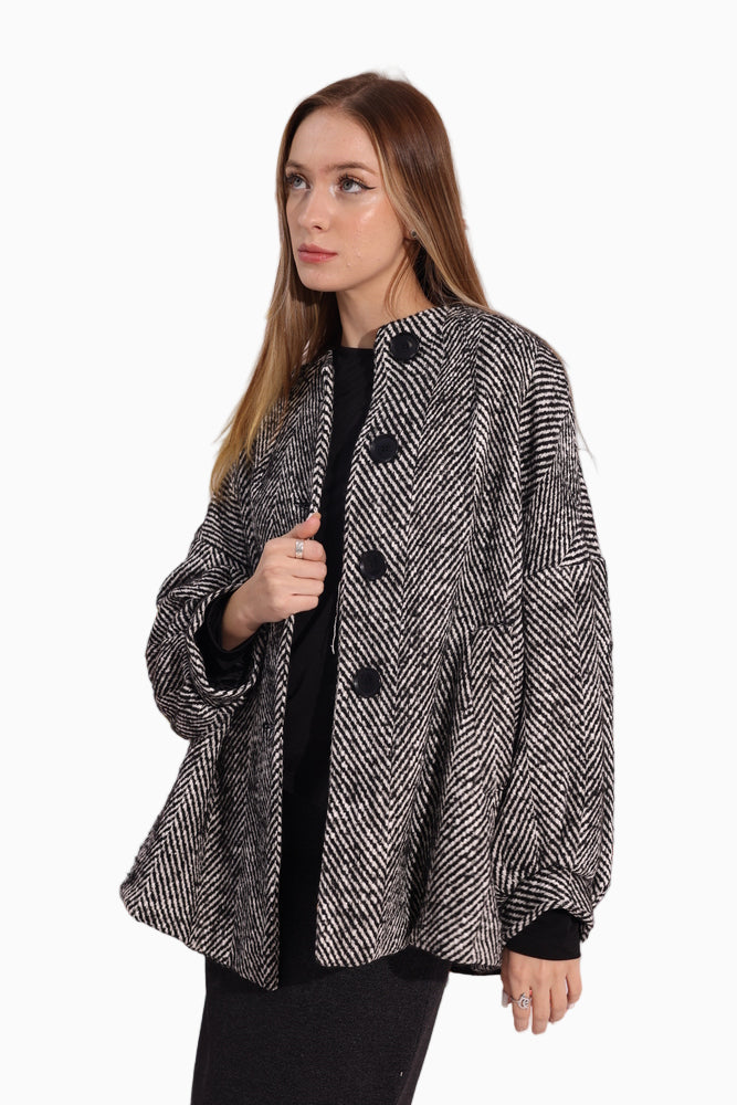 Siste’s Torn Coat – Black & White Oversized Herringbone Jacket