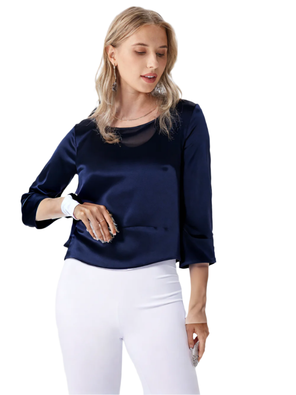 Blouse with Necklace and Back Cut-Out - Blue