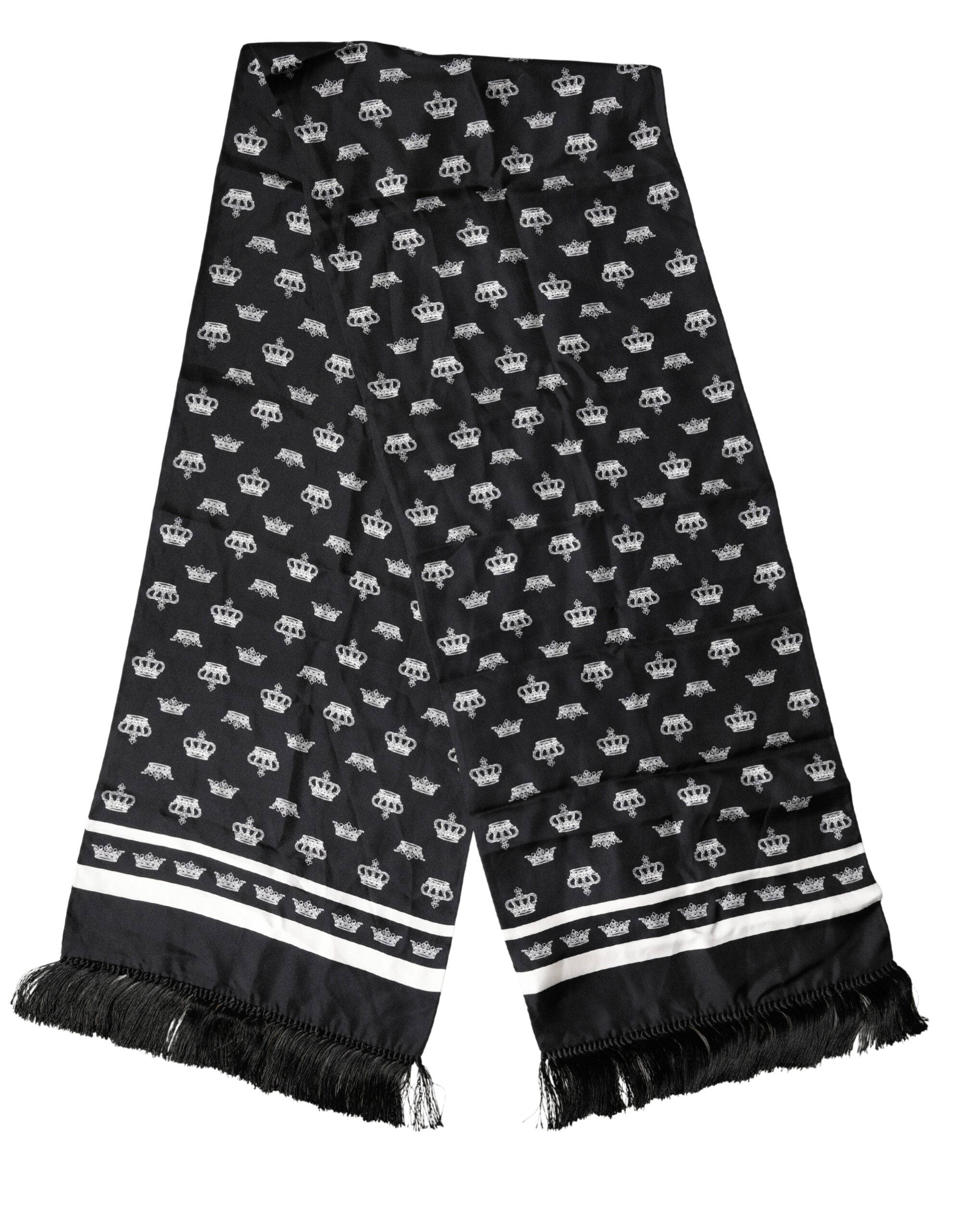 Dolce & Gabbana Black Silk Crown Fringe Neck Wrap 173cm x 32.5cm Scarf - Luxe Marca