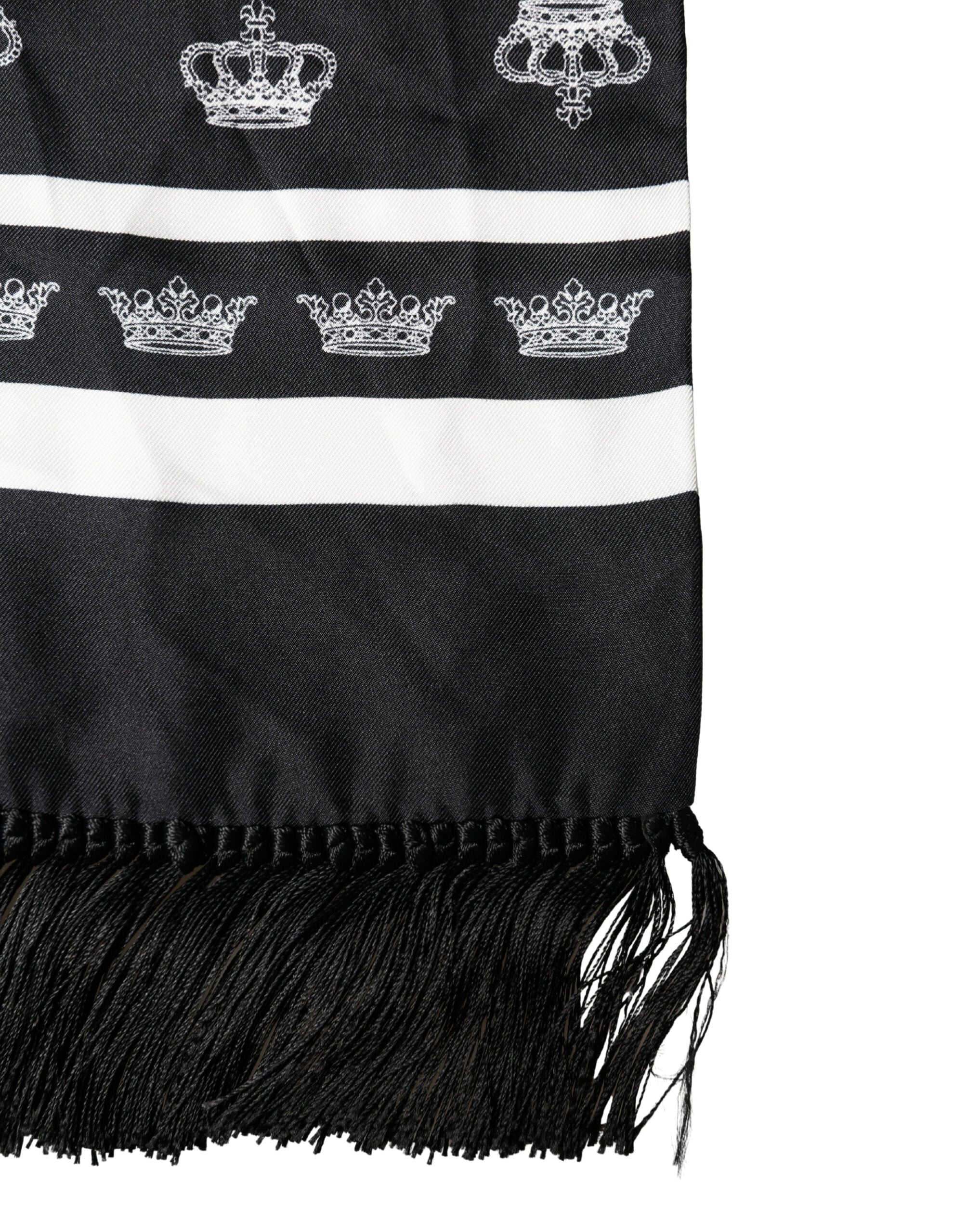 Dolce & Gabbana Black Silk Crown Fringe Neck Wrap 173cm x 32.5cm Scarf - Luxe Marca