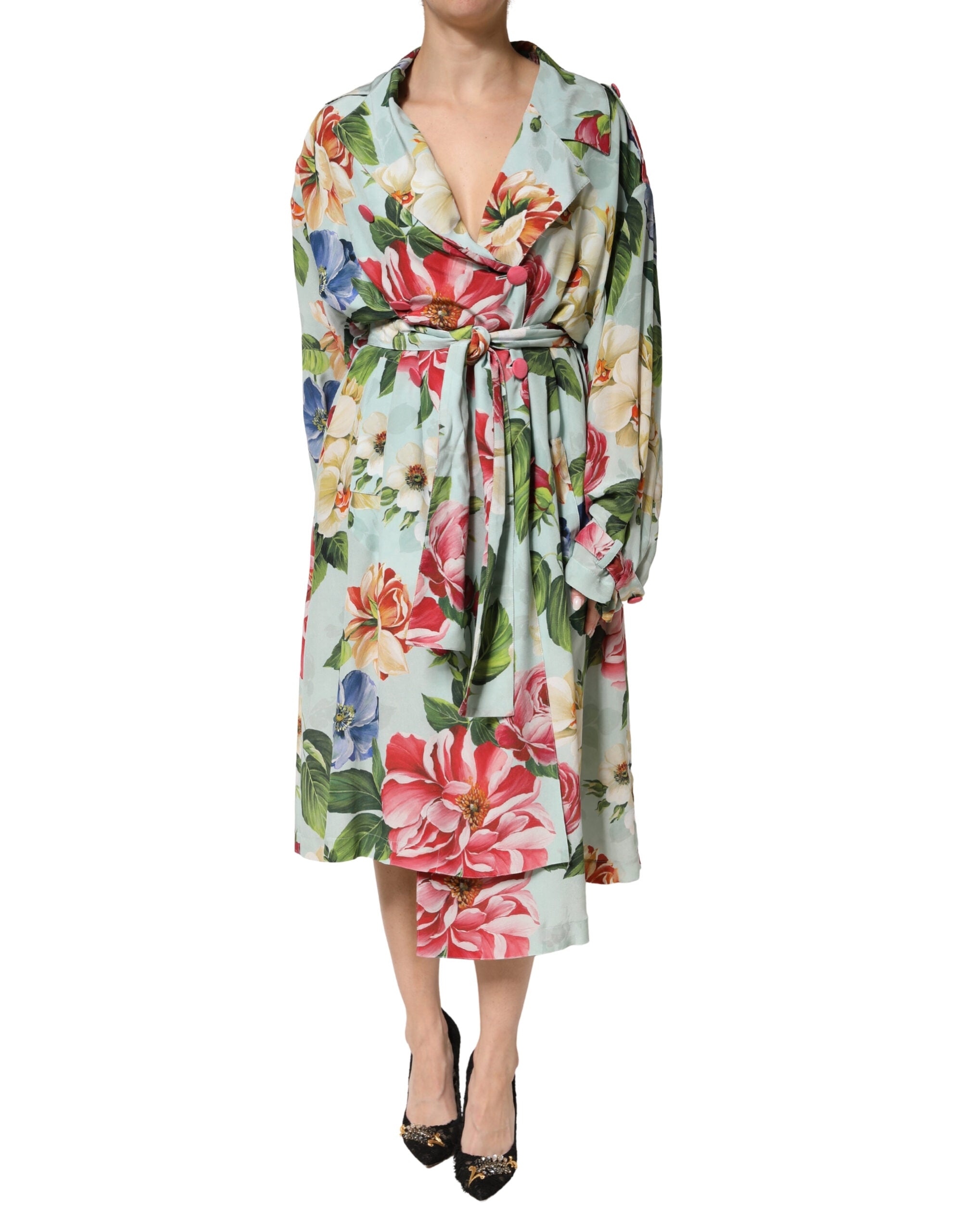 Dolce & Gabbana Green Floral Silk Wrap Midi Long Sleeve Dress - Luxe Marca