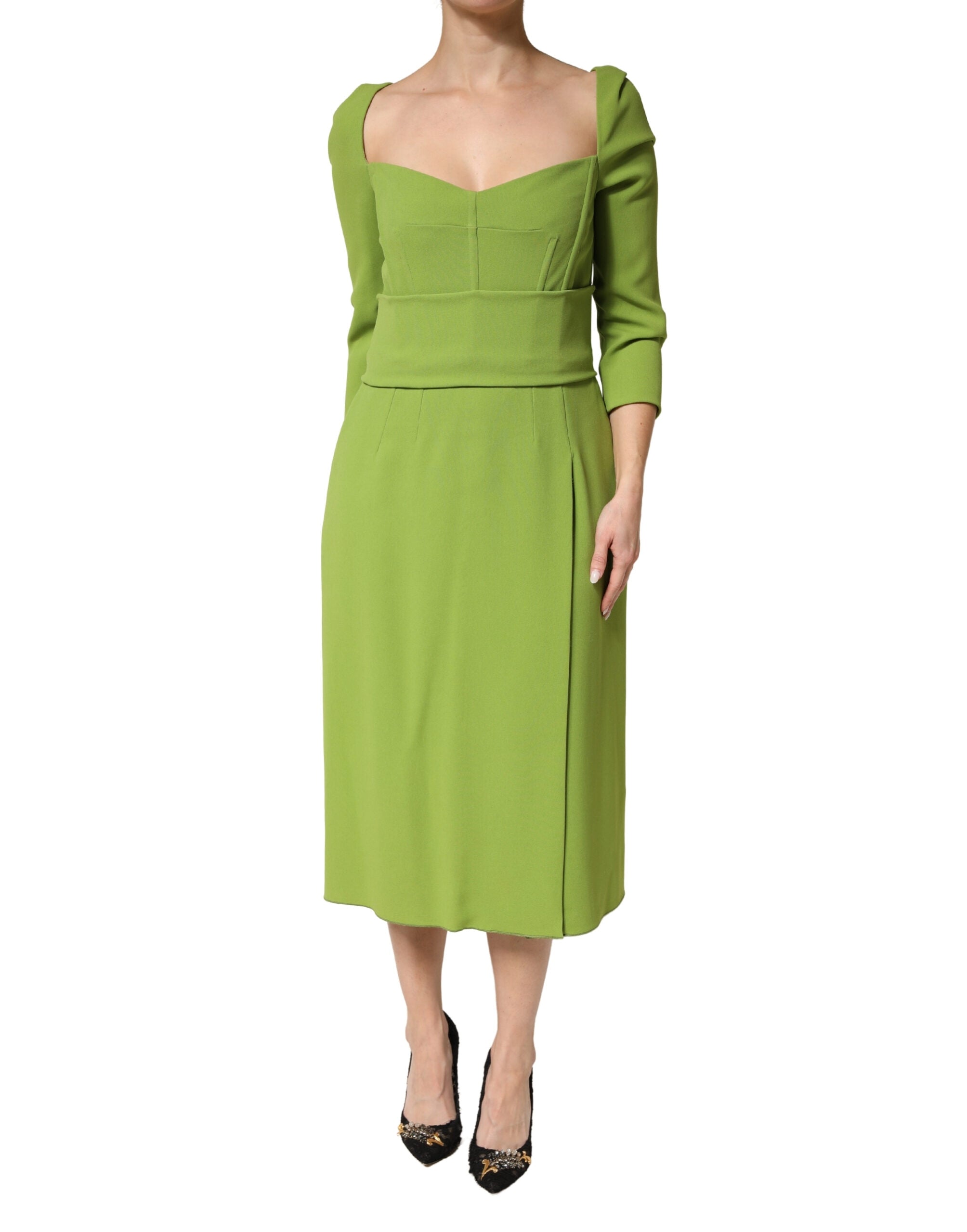 Dolce & Gabbana Green Silk Sweetheart Neckline Midi  Dress - Luxe Marca