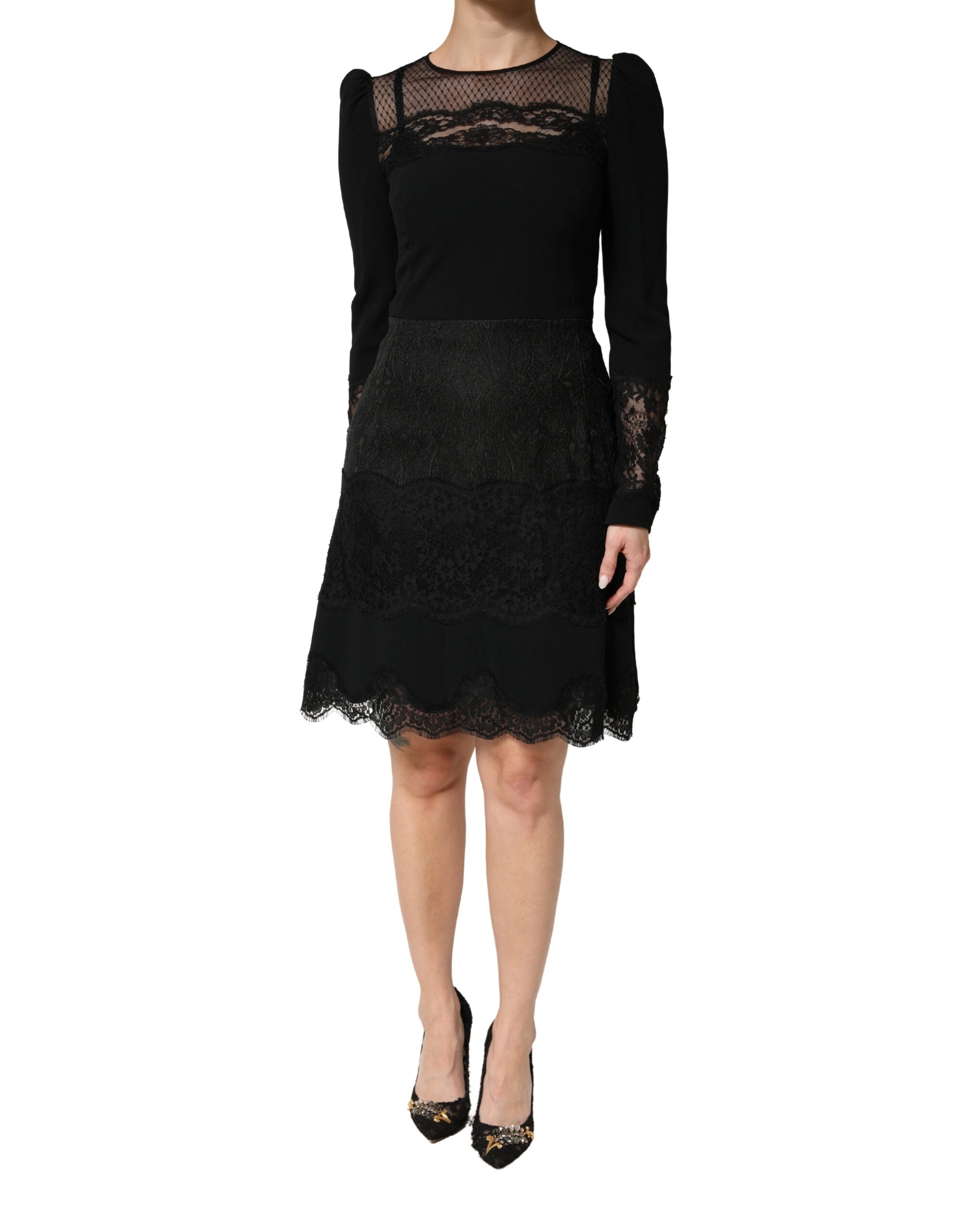 Dolce & Gabbana Black Lace Sheer Panel Midi Long Sleeve  Dress - Luxe Marca