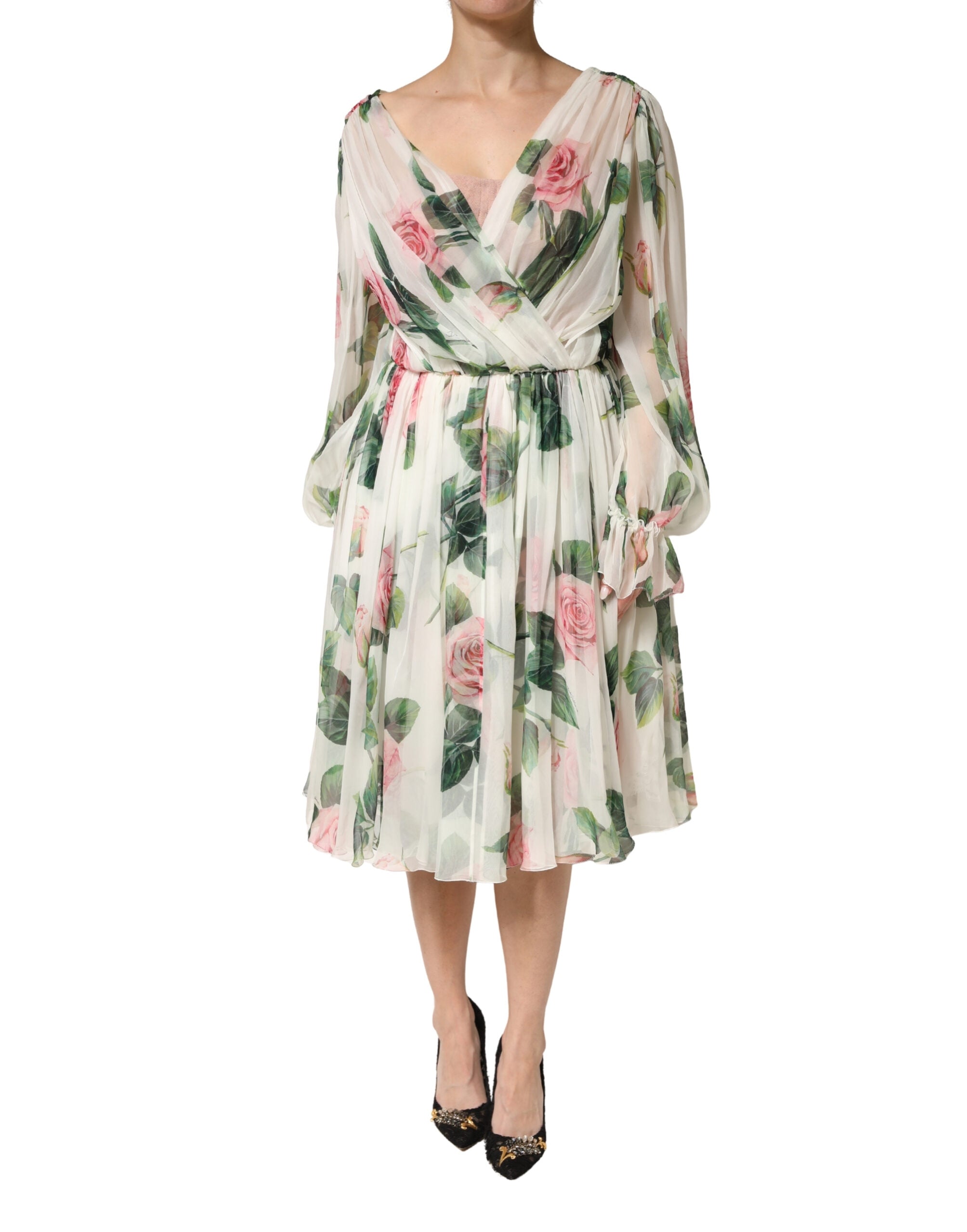 Dolce & Gabbana Floral Rose Ivory Silk Blend Longsleeve Dress - Luxe Marca