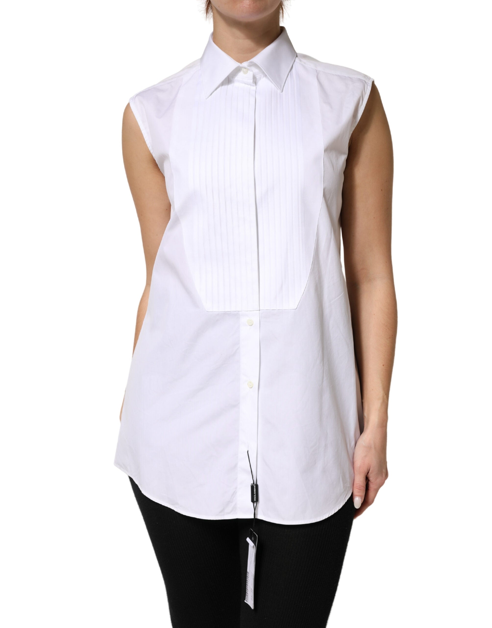 Dolce & Gabbana White Cotton Pleated Sleeveless Button Down Top - Luxe Marca