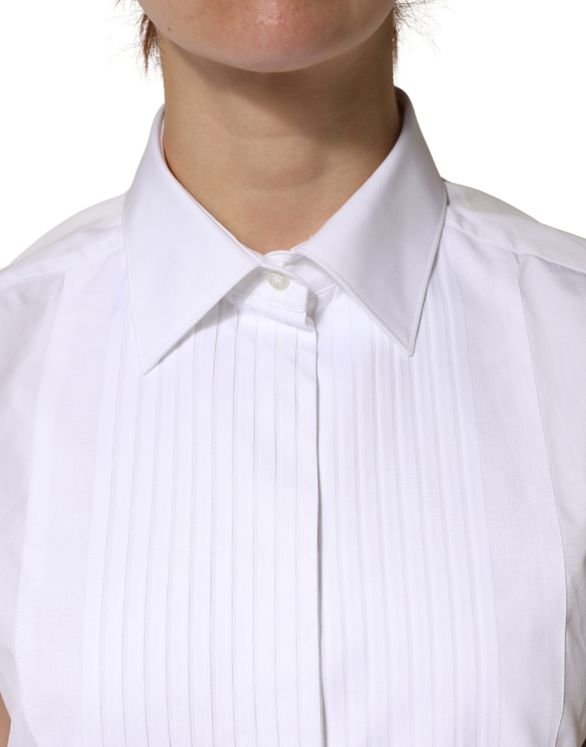 Dolce & Gabbana White Cotton Pleated Sleeveless Button Down Top - Luxe Marca