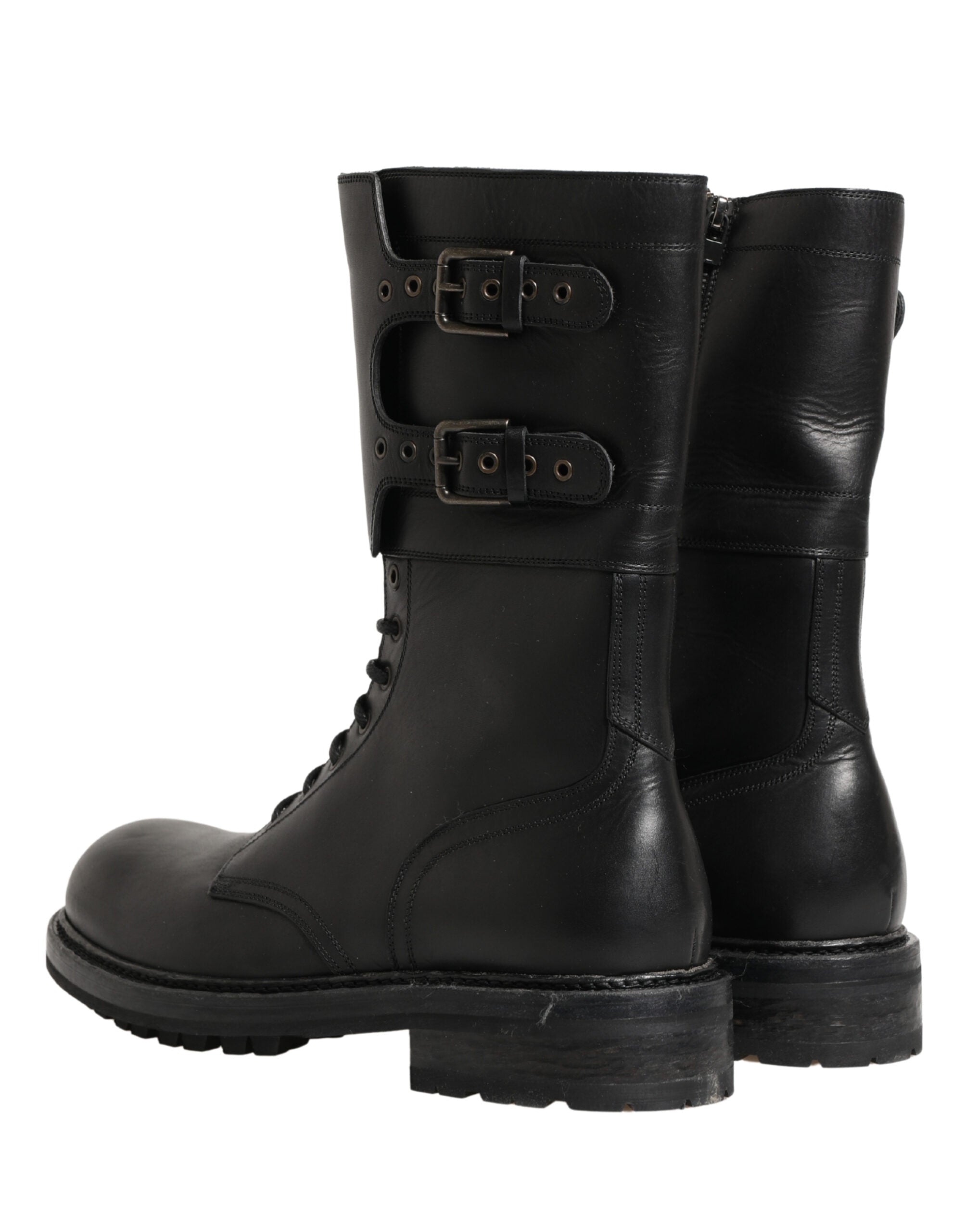 Dolce & Gabbana Black Leather Belted Buckle Combat Boots Shoes - Luxe Marca