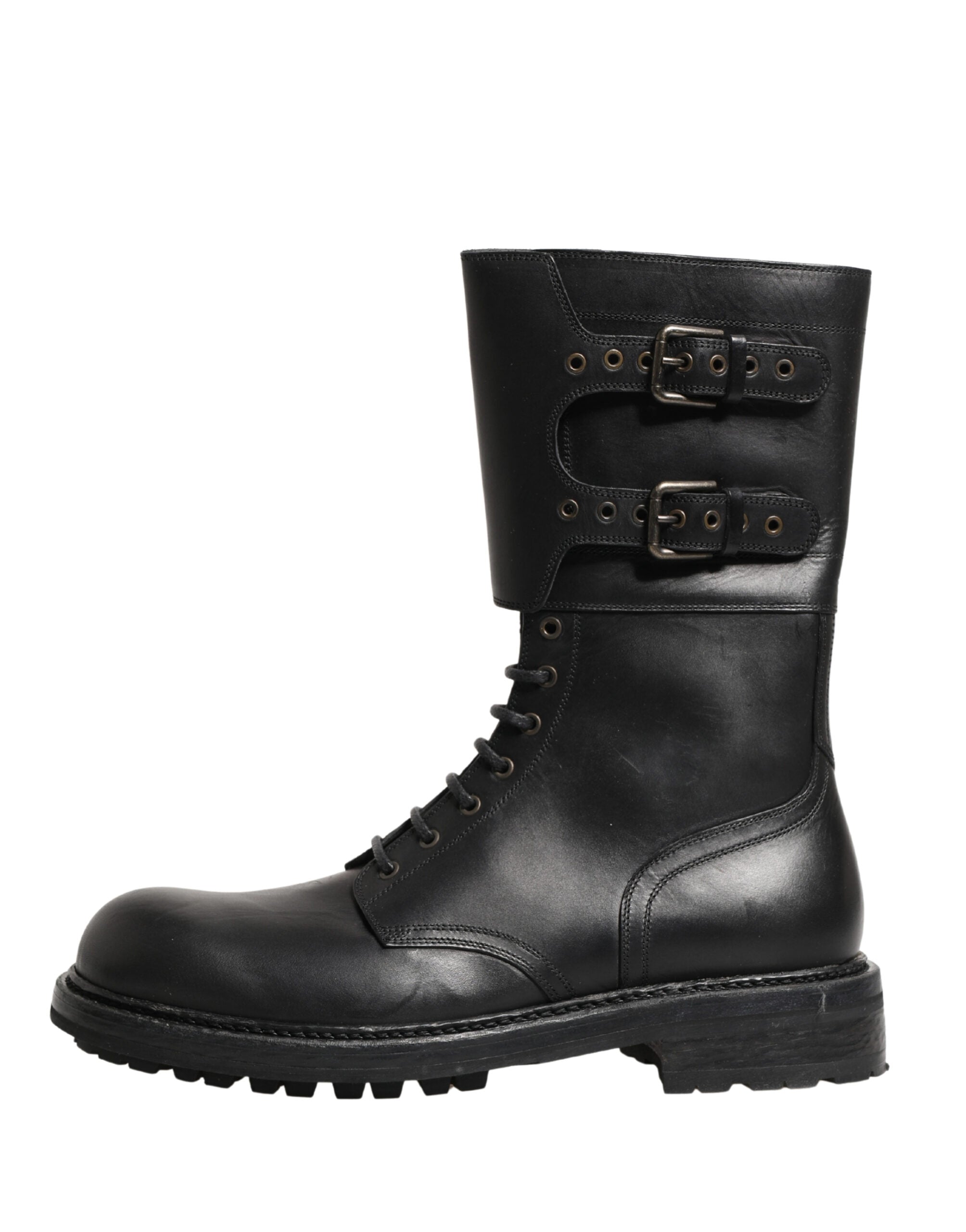 Dolce & Gabbana Black Leather Belted Buckle Combat Boots Shoes - Luxe Marca