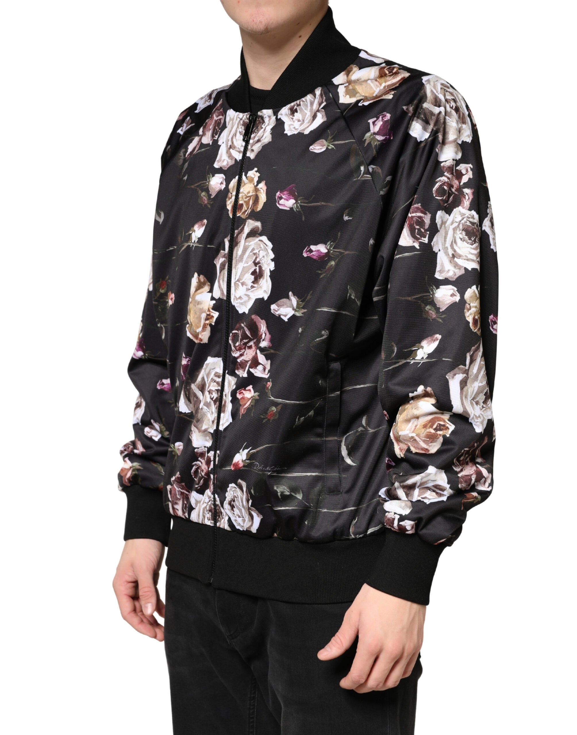 Dolce & Gabbana Black Floral Polyester Full Zip Bomber Jacket - Luxe Marca