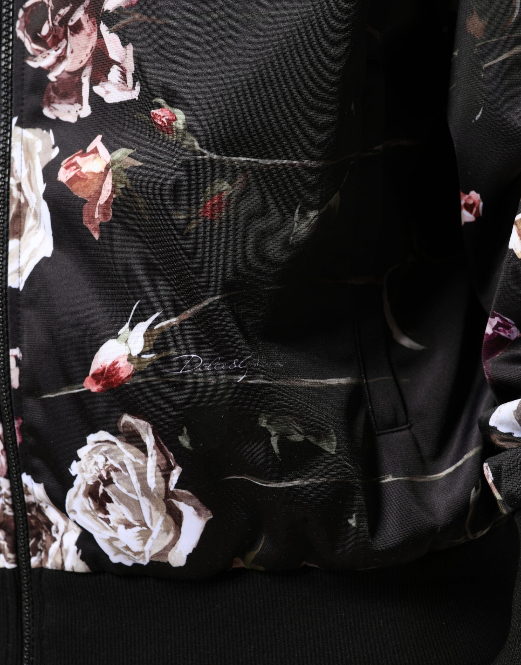 Dolce & Gabbana Black Floral Polyester Full Zip Bomber Jacket - Luxe Marca