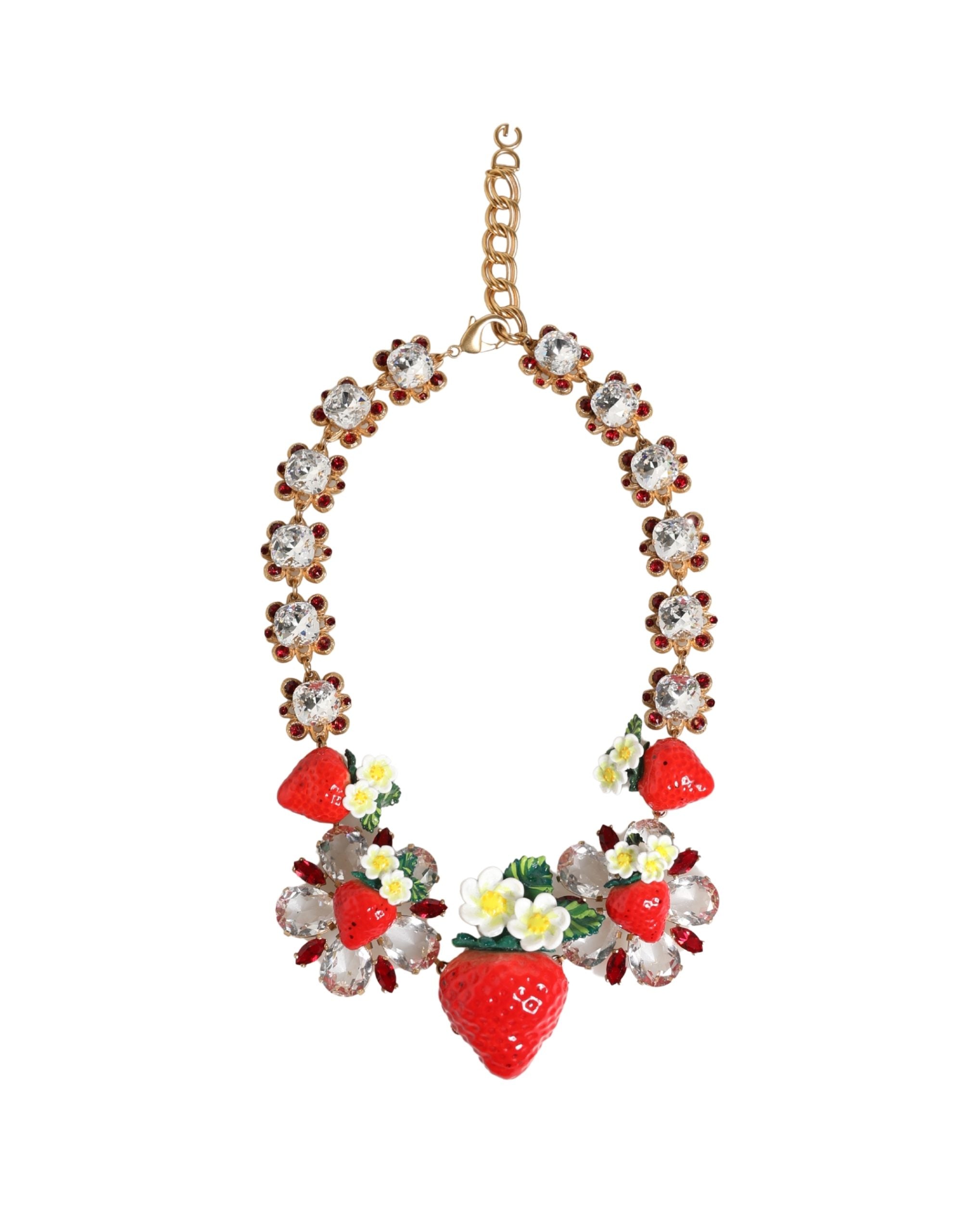 Dolce & Gabbana Gold Brass FRUIT Pendants Flowers Crystal Logo Necklace - Luxe Marca