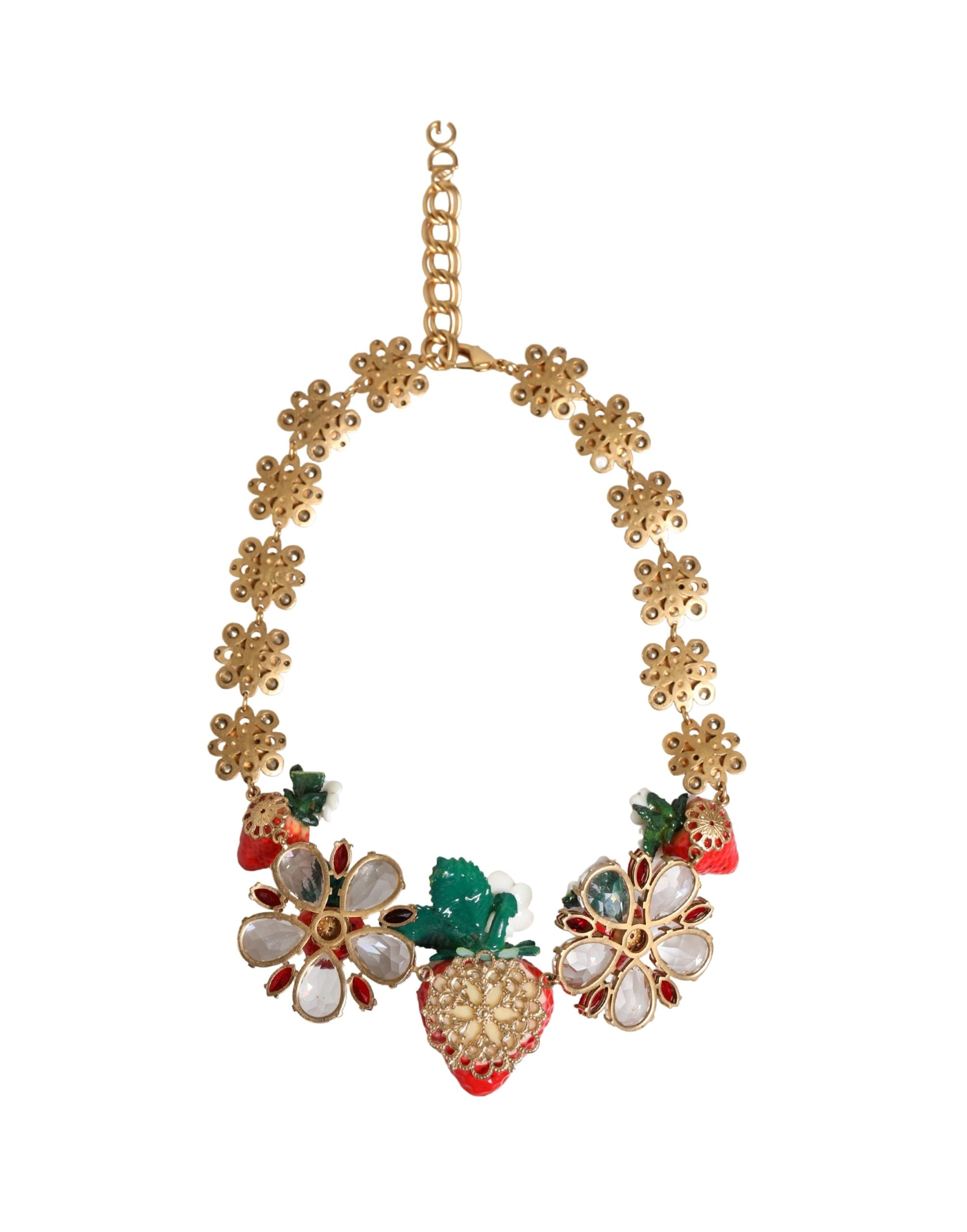 Dolce & Gabbana Gold Brass FRUIT Pendants Flowers Crystal Logo Necklace - Luxe Marca