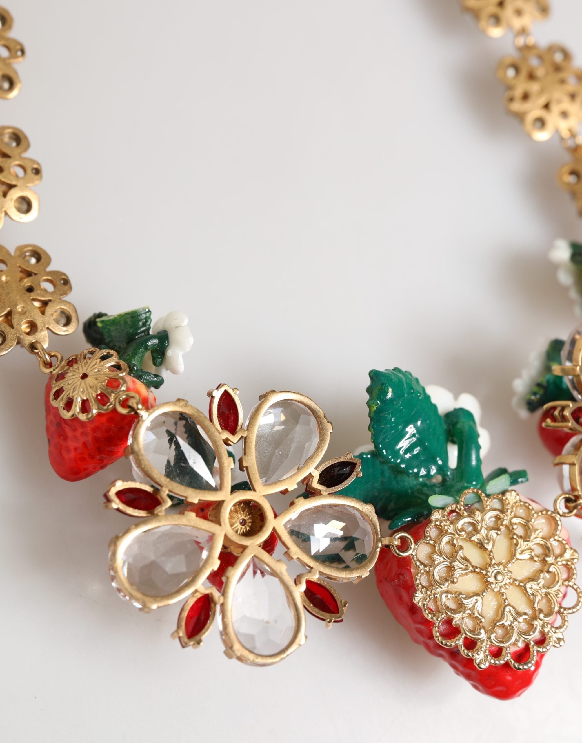 Dolce & Gabbana Gold Brass FRUIT Pendants Flowers Crystal Logo Necklace - Luxe Marca